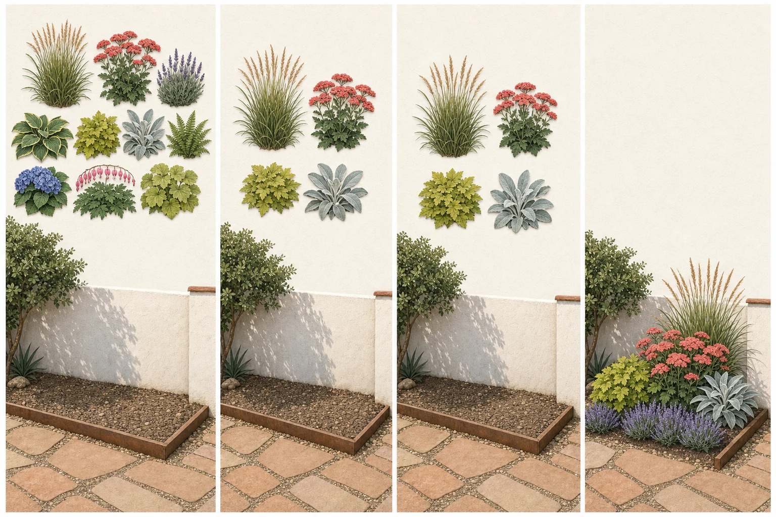 Four-stage sequence narrowing a broad plant assortment for a hot, fast-draining bed before arranging four final plant roles