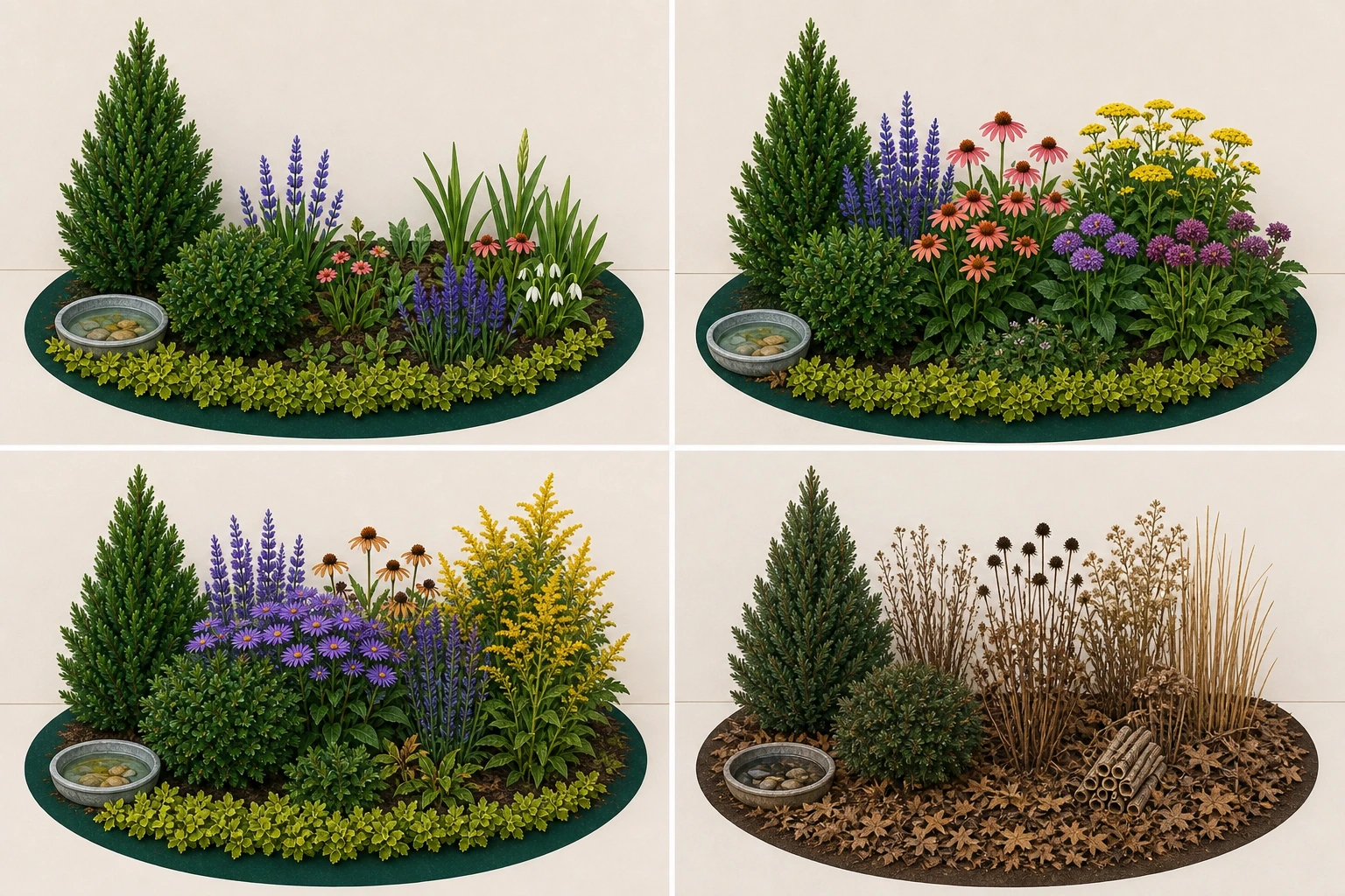 The same pollinator bed in early season, midsummer, late season, and winter