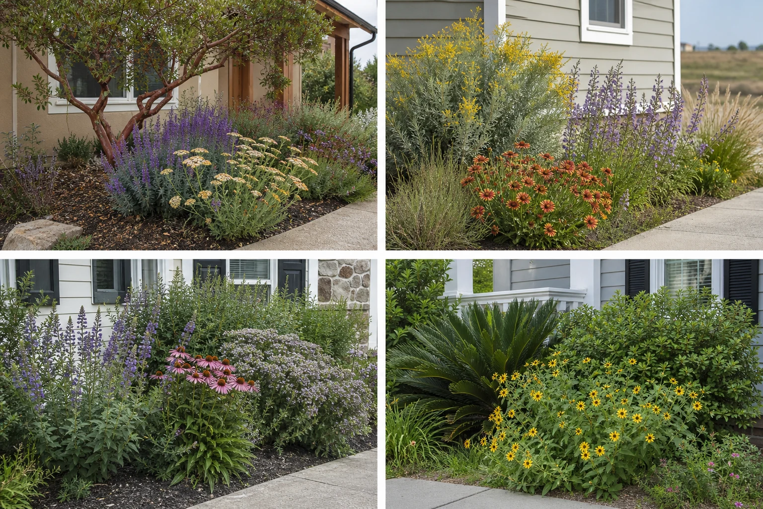 Four realistic low-water front planting directions for the summer-dry West, High Plains, sunny Mid-Atlantic, and warm humid Southeast