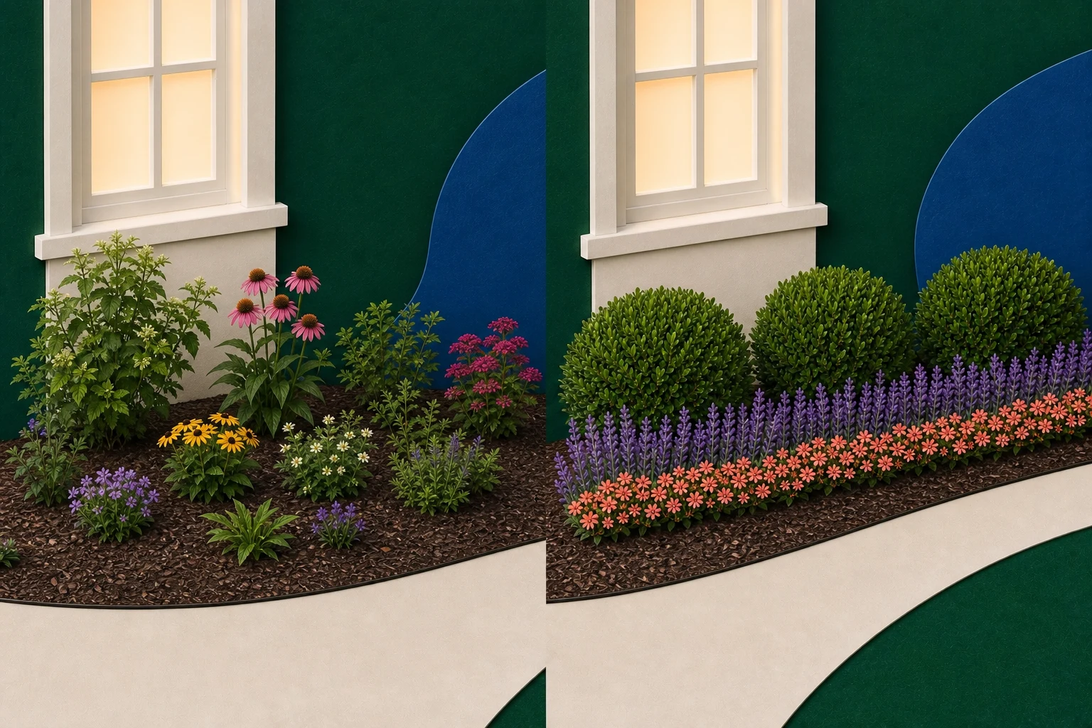 Side-by-side foundation bed showing scattered one-off plants beside compact shrubs and flowers arranged in repeated groups
