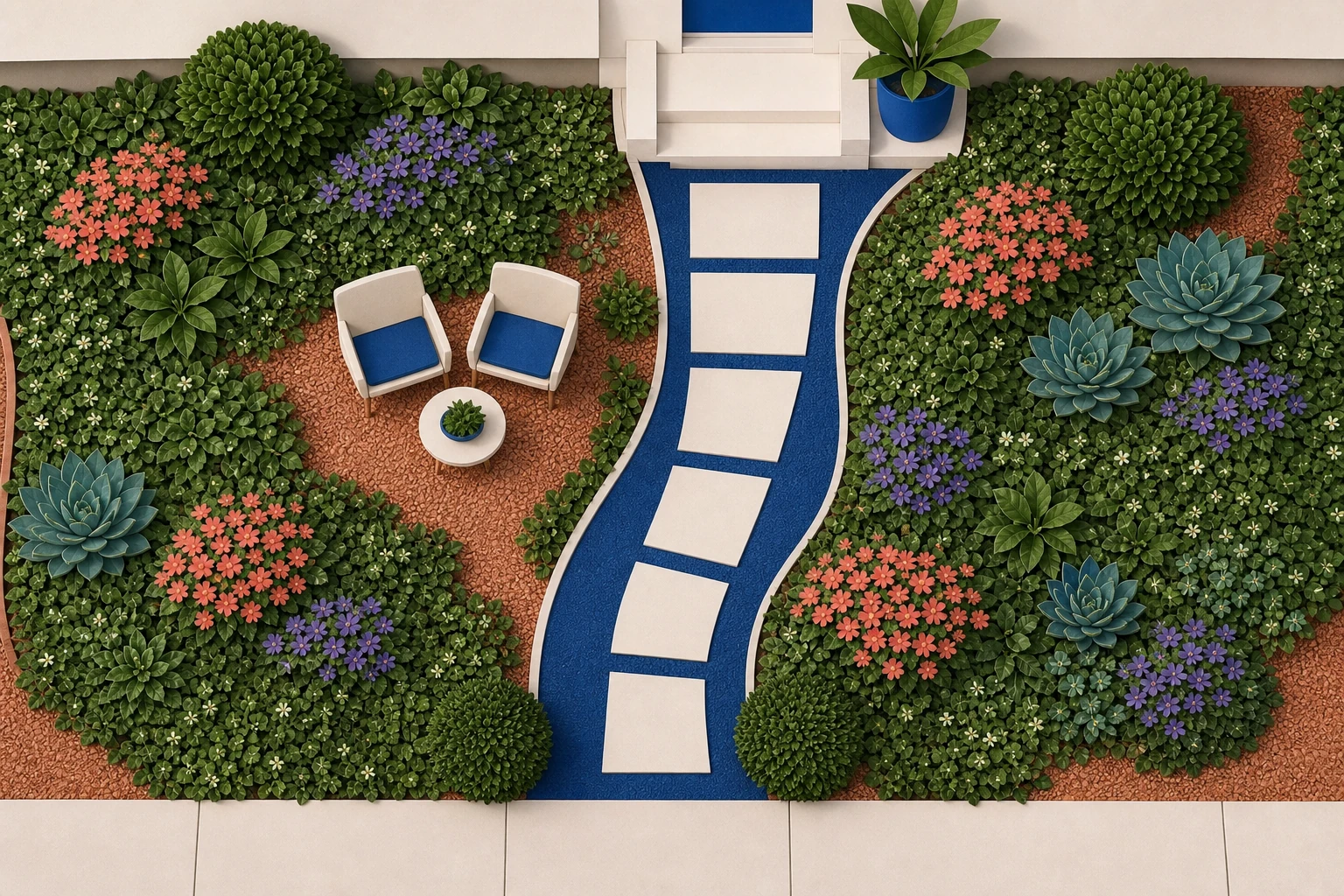 Illustrated no-lawn front yard with a clear path, living groundcover, planted masses, and an open area around a tree