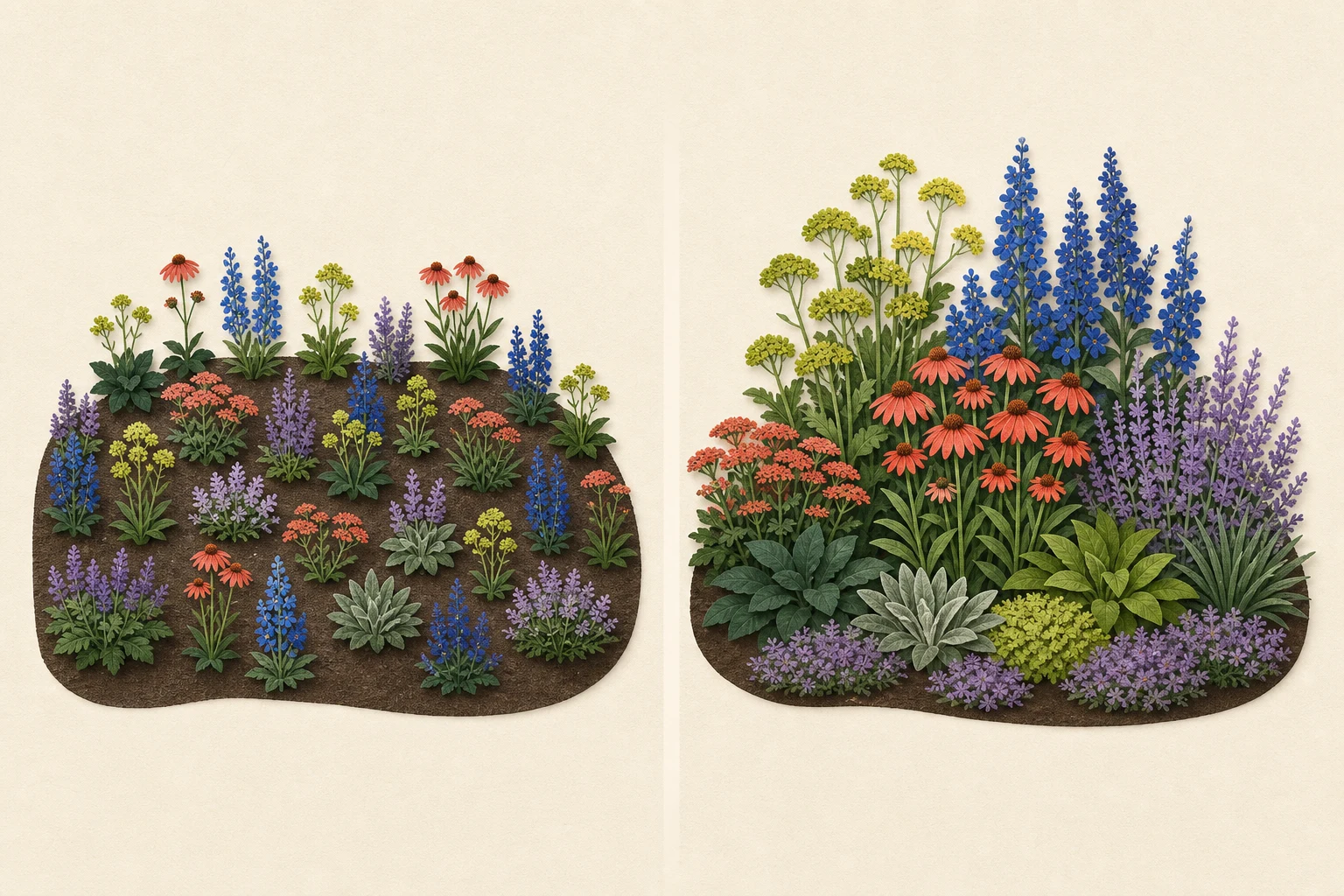 The same flower palette shown as scattered single plants and as layered repeated masses