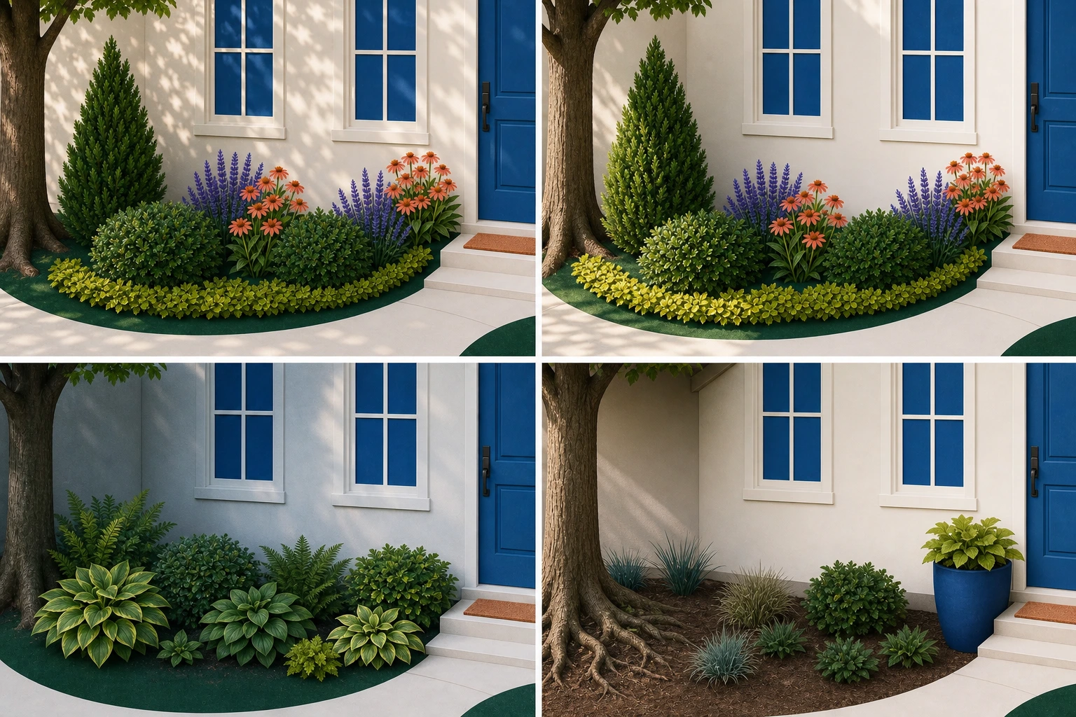 Four views of one foundation bed showing dappled shade, part shade, deep shade, and dry shade beneath roots and an eave