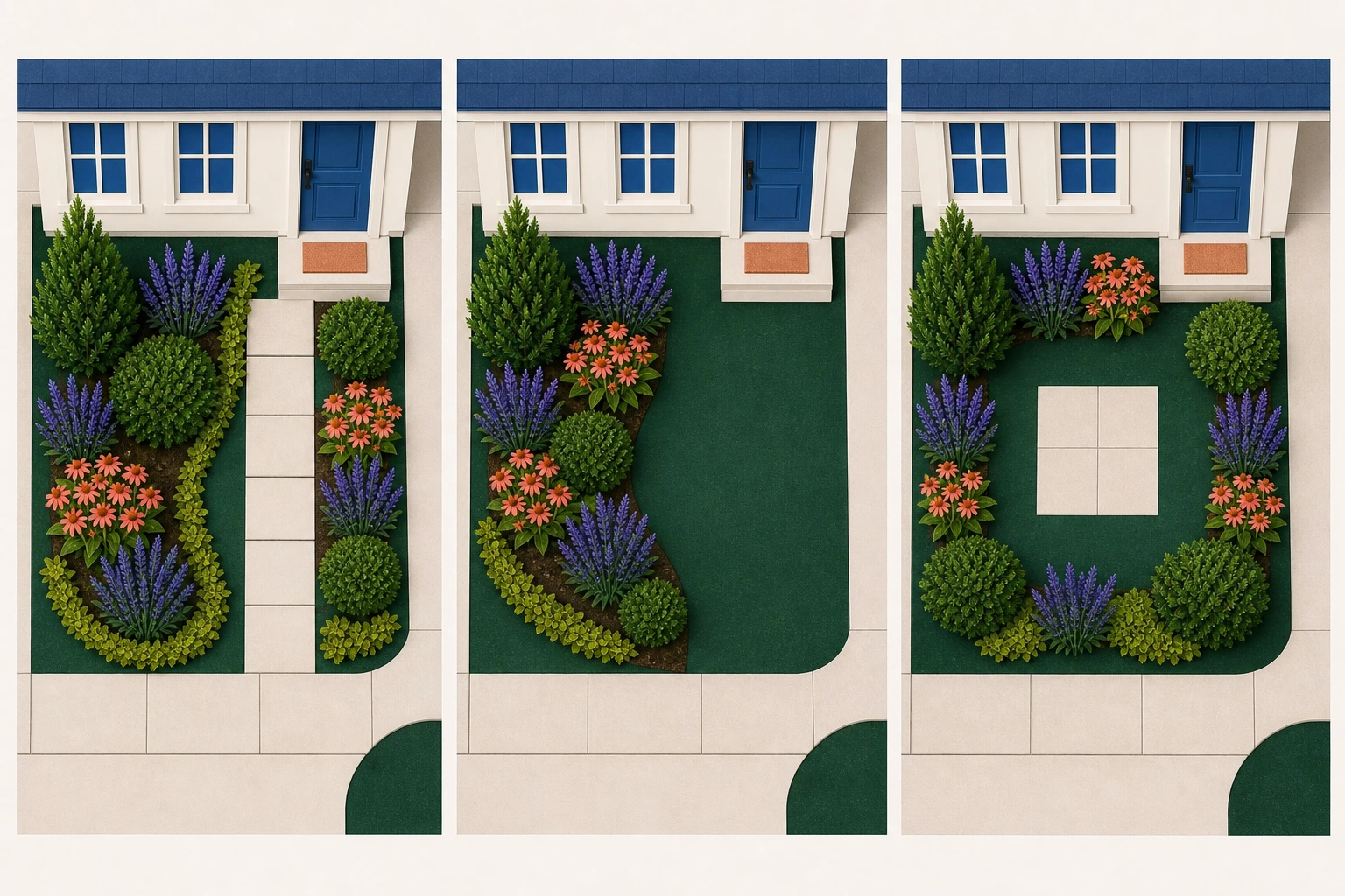 Three top-down compact front yards with a direct entry garden, a one-sided planted edge, and a small open court