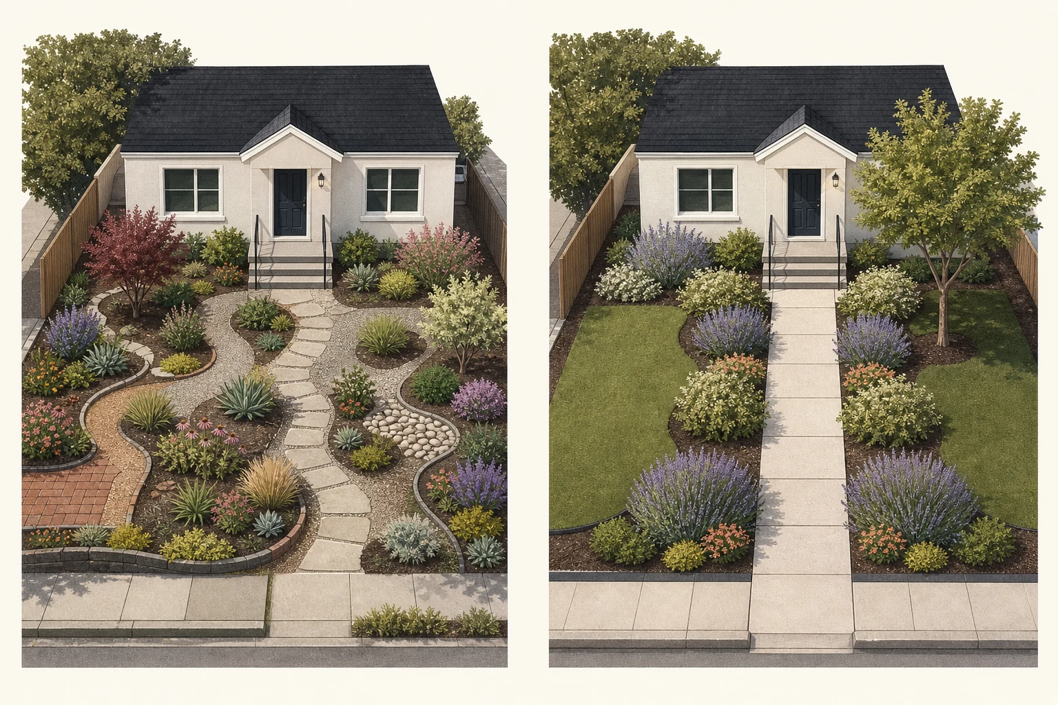 The same compact front yard shown first with competing paths, isolated plants, and mixed edges, then with a direct walk, repeated planting masses, and one calm foreground