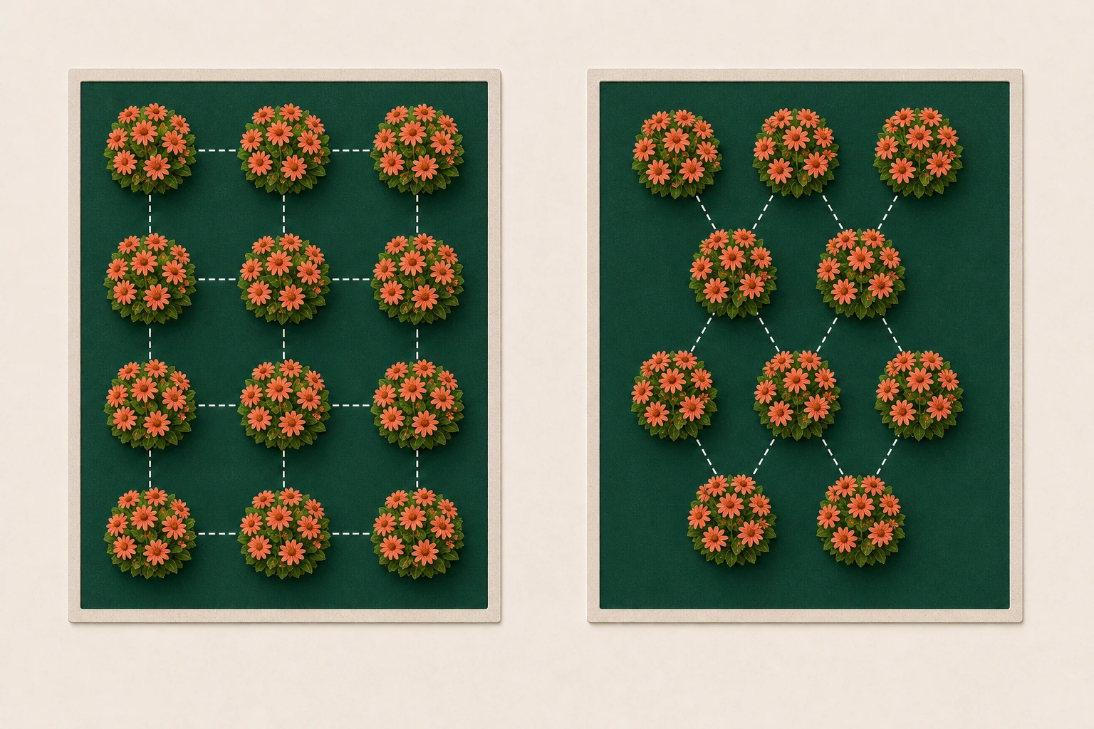 Top-down square-grid and offset-row plant spacing with equal mature plant size and center spacing