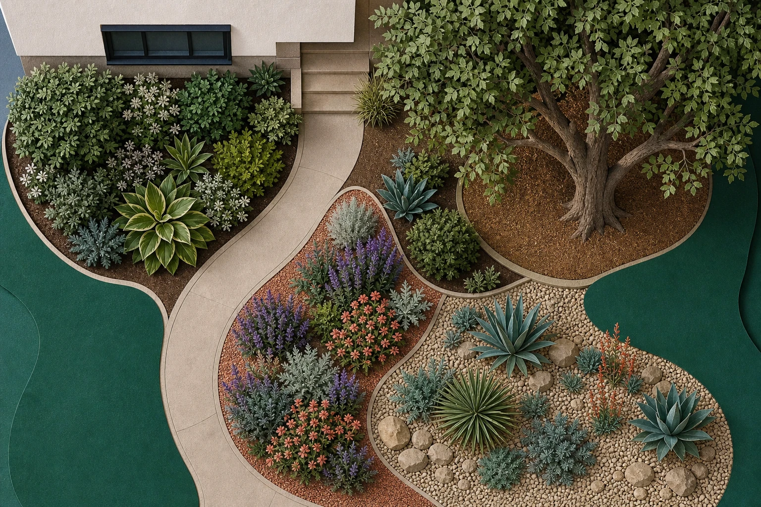 Top-down illustrated yard plan showing a protected tree zone, a moderate-water planting area near the entrance, and a dry sunny edge