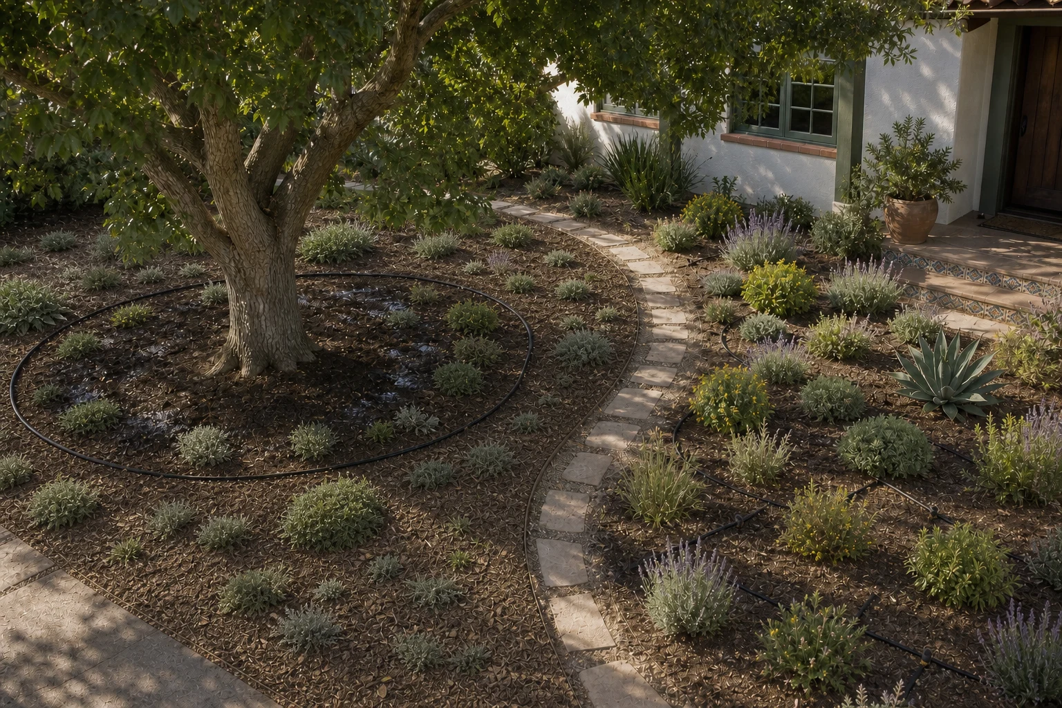 No-lawn front yard with an established shade tree on a deep-watering ring and a separate lower-water planting bed on drip irrigation