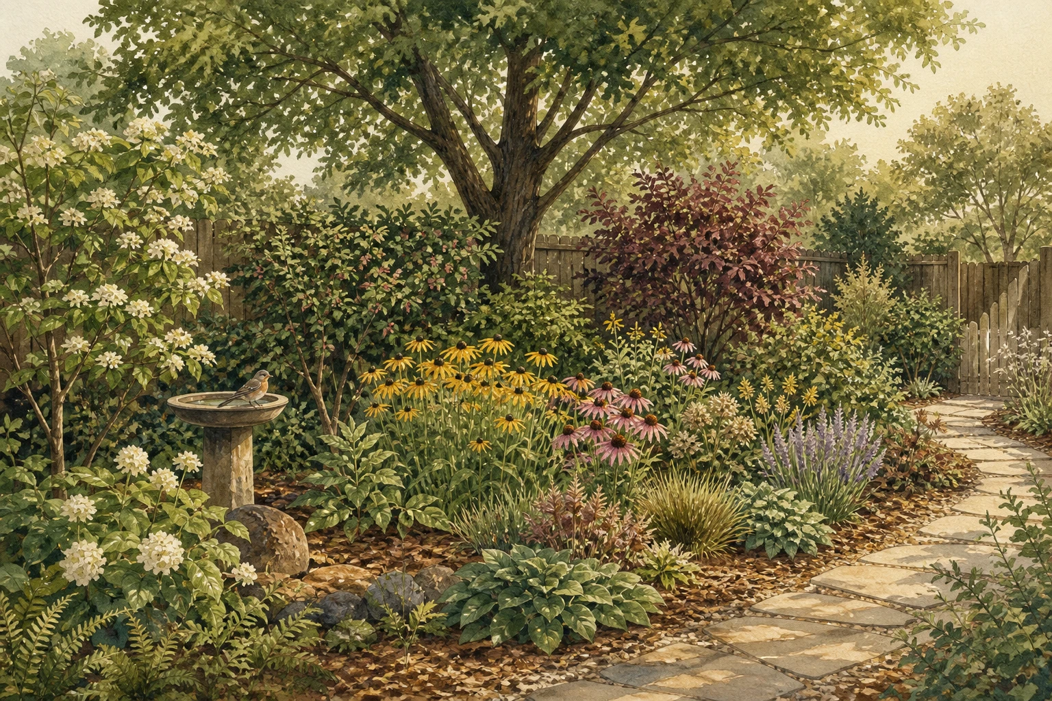 Bird-friendly backyard with a mature canopy tree, connected shrubs, flowering and seed-producing plants, low ground cover, leaf litter, a birdbath, and a clear path