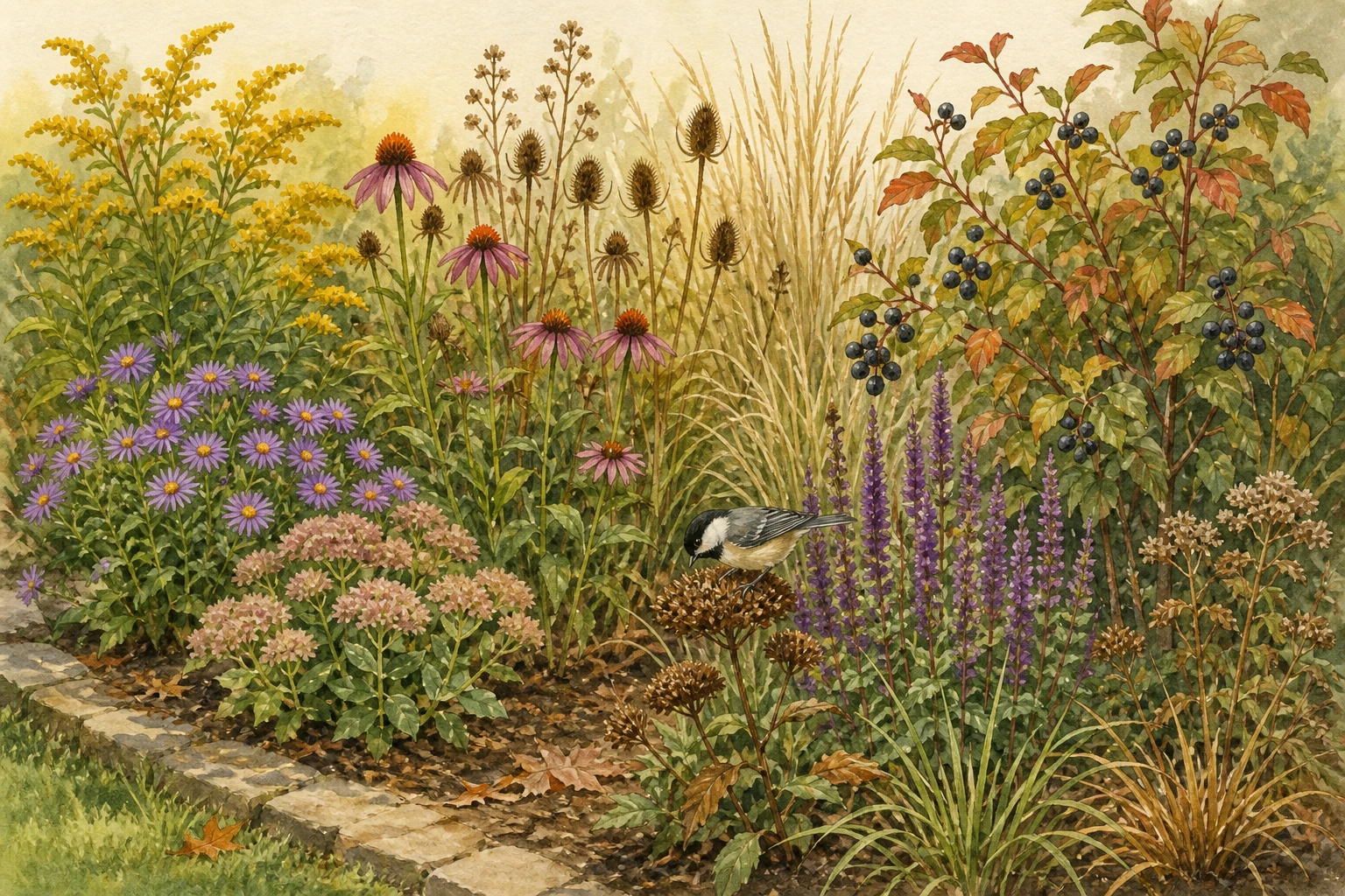 Seasonal bird-friendly planting bed with flowers, seed heads, grasses, berries, and a songbird feeding