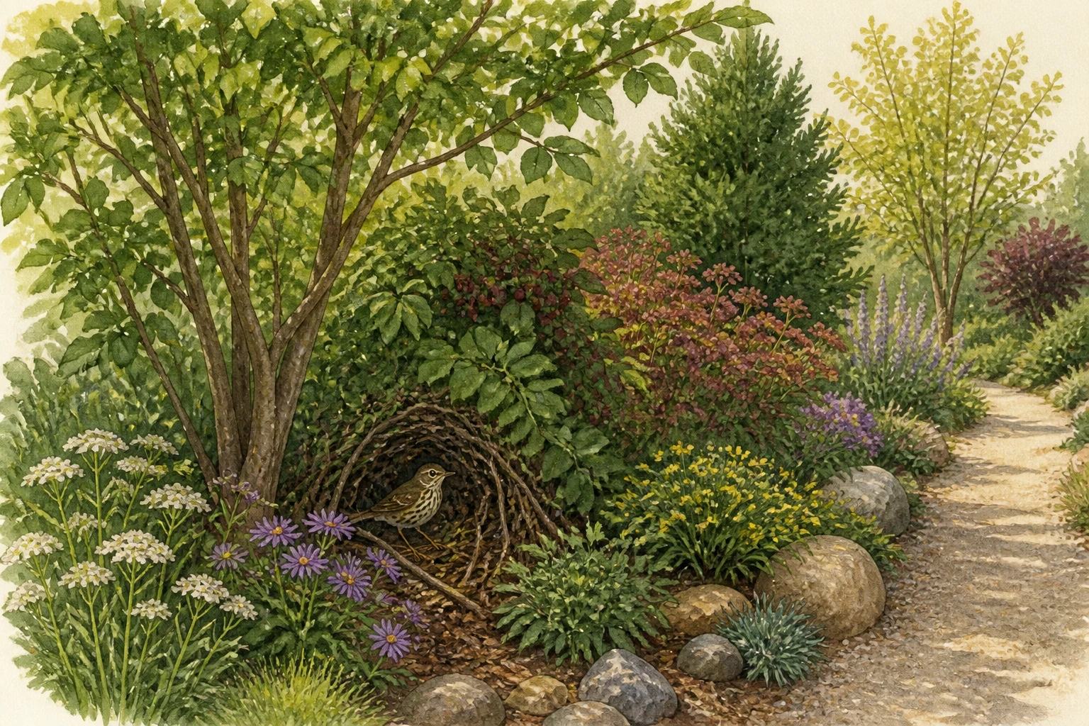 Layered native-style garden edge with a mature tree, dense shrubs, low cover, a small bird, and a visible path
