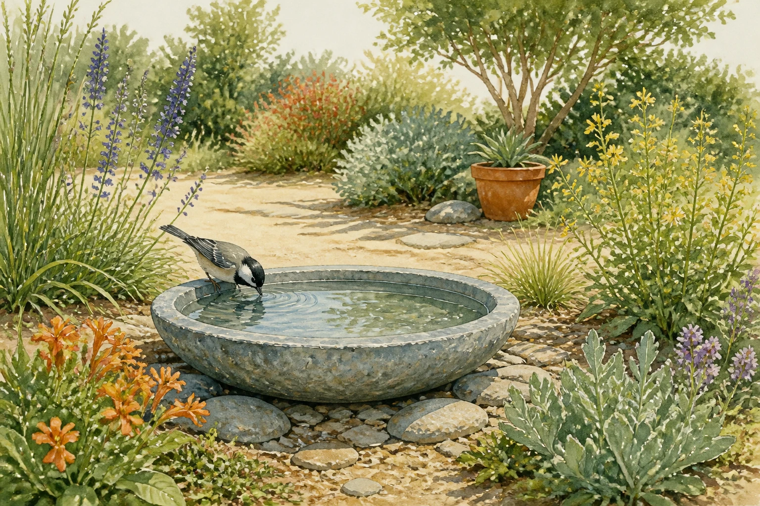 Shallow stone birdbath with clean visible water, a drinking songbird, open sightlines, and low surrounding plants