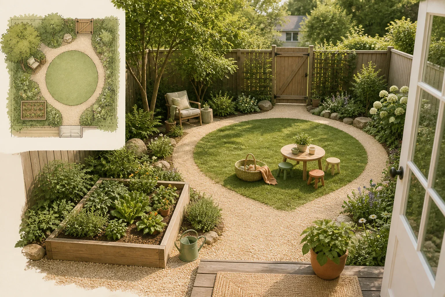 Child-friendly backyard with a looping path around an open center, a low growing bed, a shaded seat, a visible gate, and movable play furniture