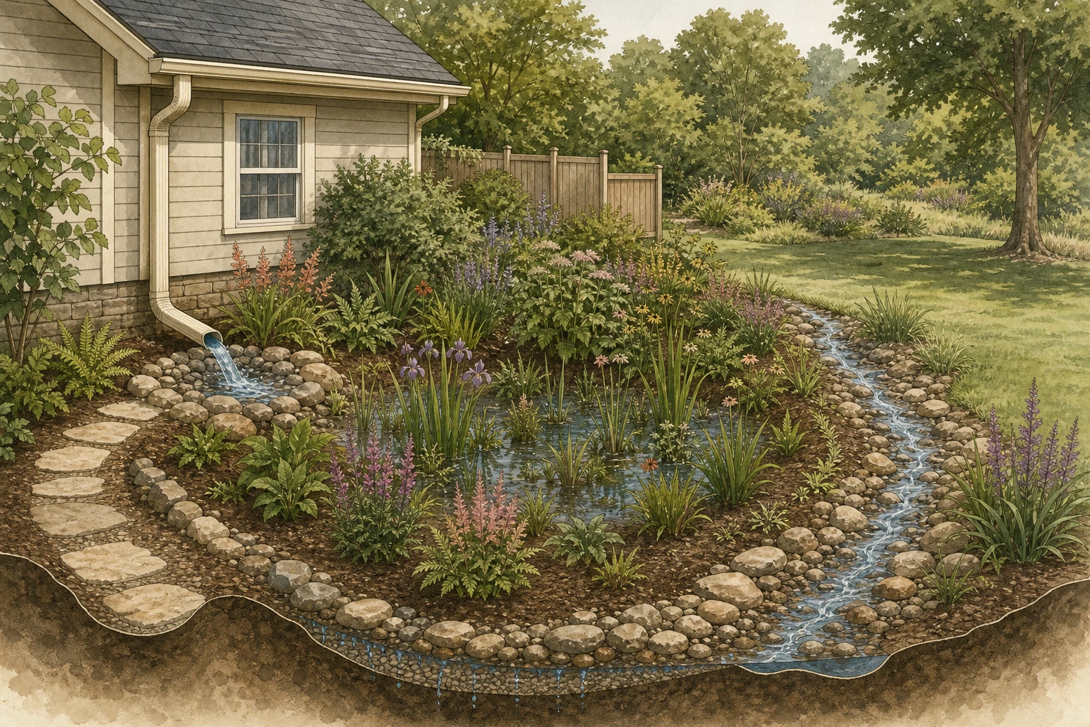 Cutaway-style garden scene showing roof runoff entering a rock-lined inlet, spreading through a planted rain-garden basin, and leaving through a safe overflow swale