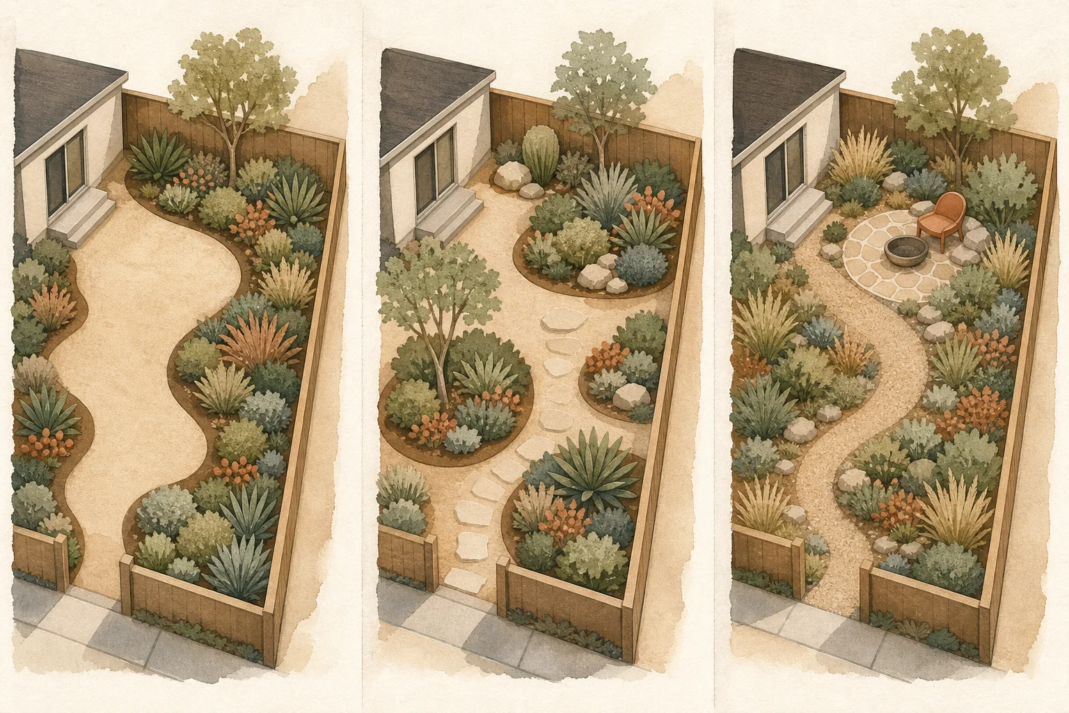 Illustrated sandy-soil yard comparing a continuous prepared planting band, contained planting islands, and a dry-adapted matrix with a focal zone