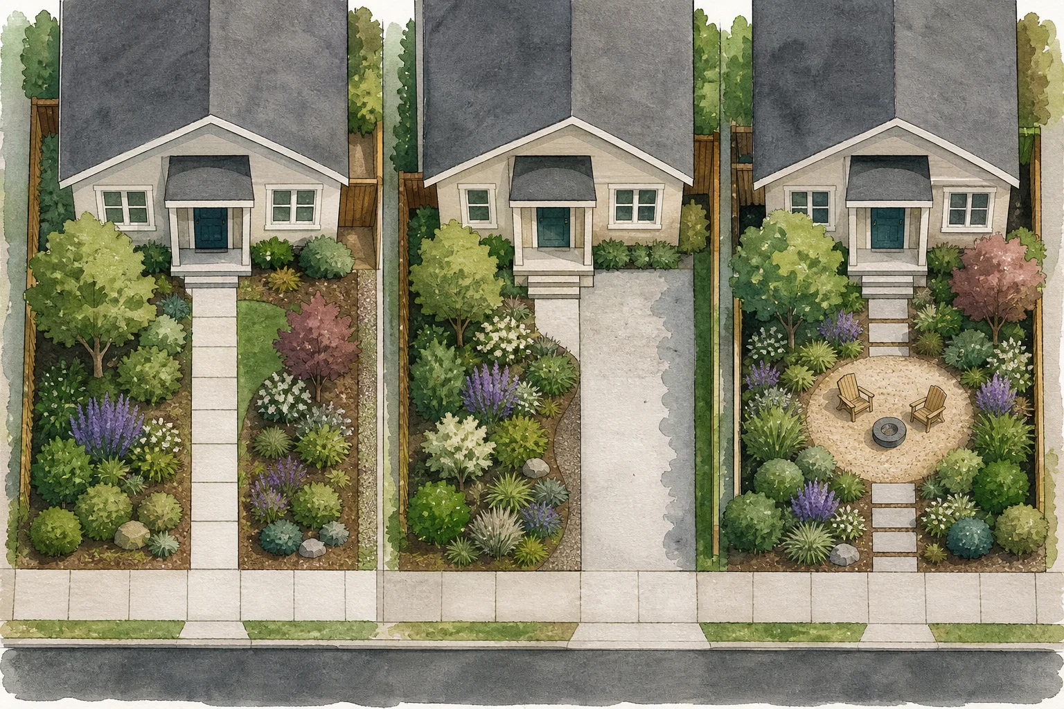Illustrated small front yard comparing a continuous planted edge, a compact entry court, and split planting pockets