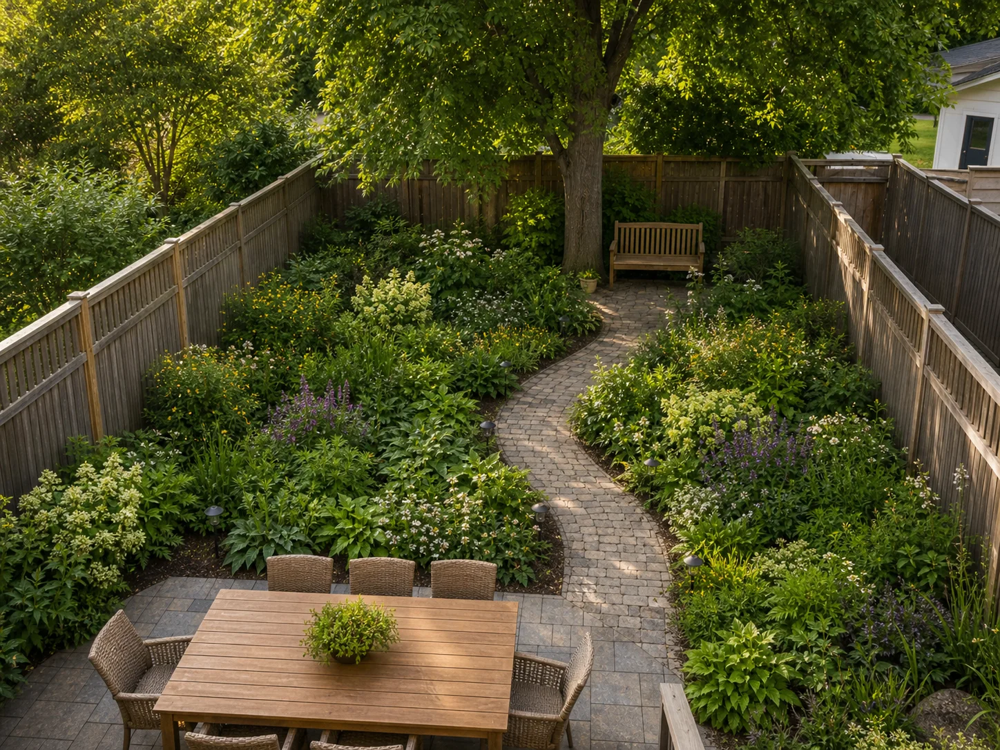 Backyard with a curving path through deep planting to a bench beneath a mature tree