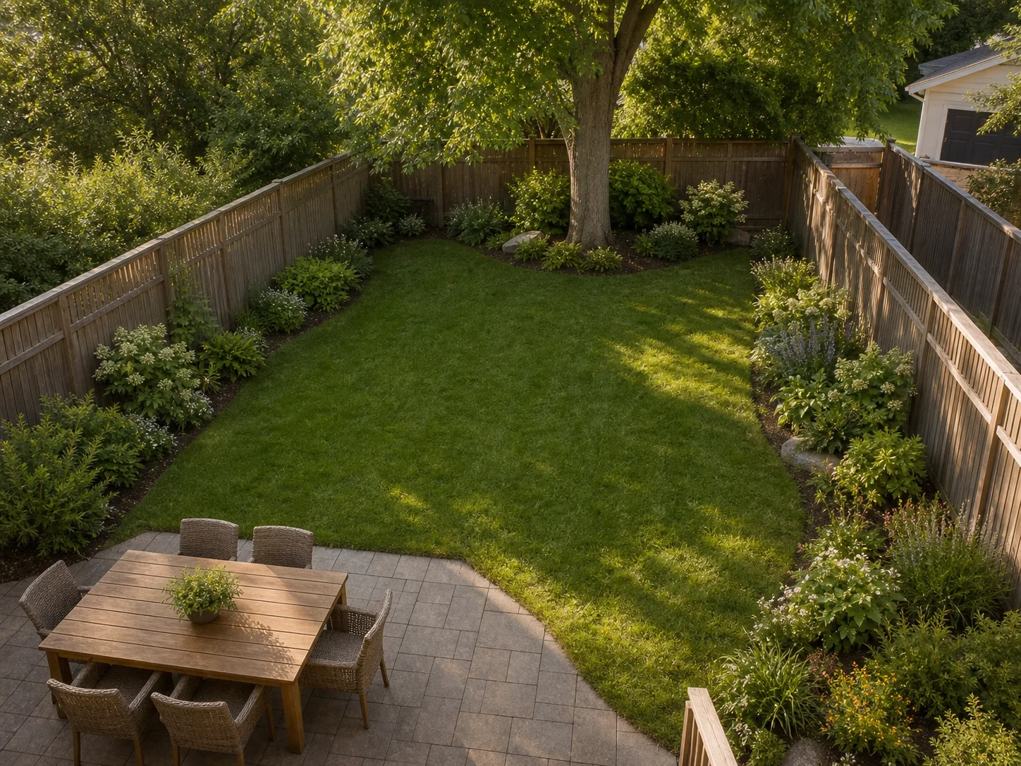 Backyard with a broad open lawn and planting gathered along the fences
