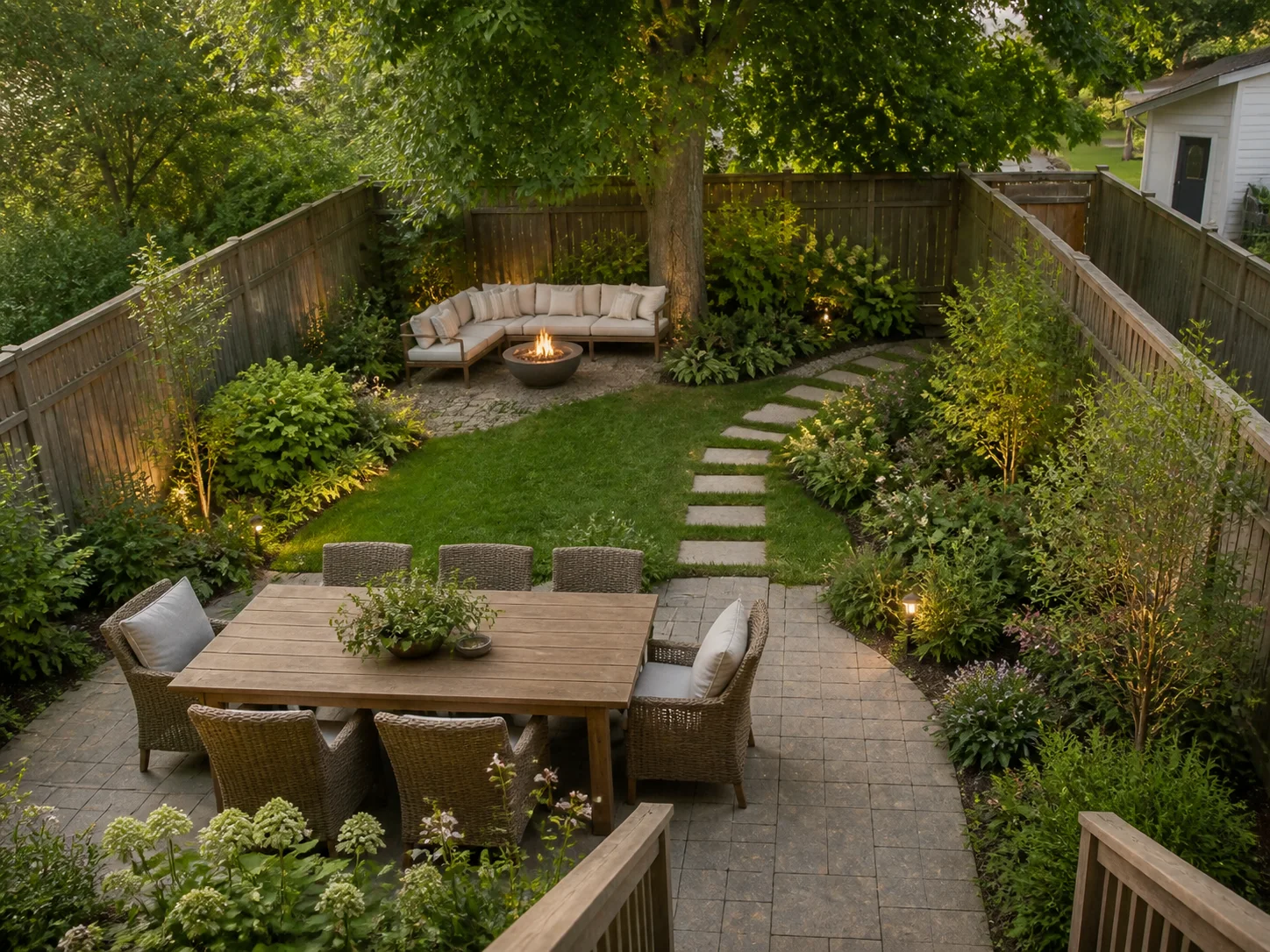 Backyard with a generous dining terrace close to the house and planting around the edges