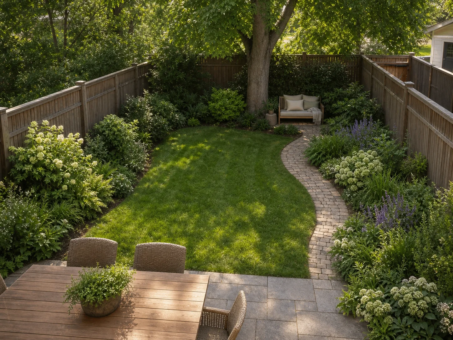 Backyard with a secluded bench in the far corner surrounded by layered planting