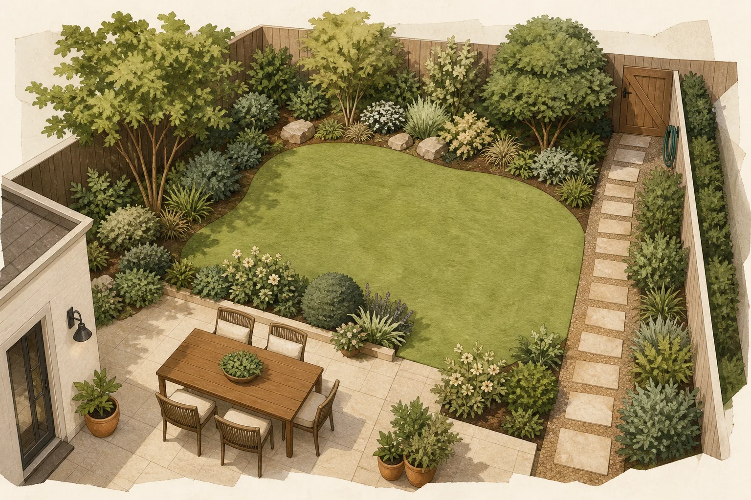 Whole-backyard layout showing dining, play, service access, open space, and planted edges before staged work begins