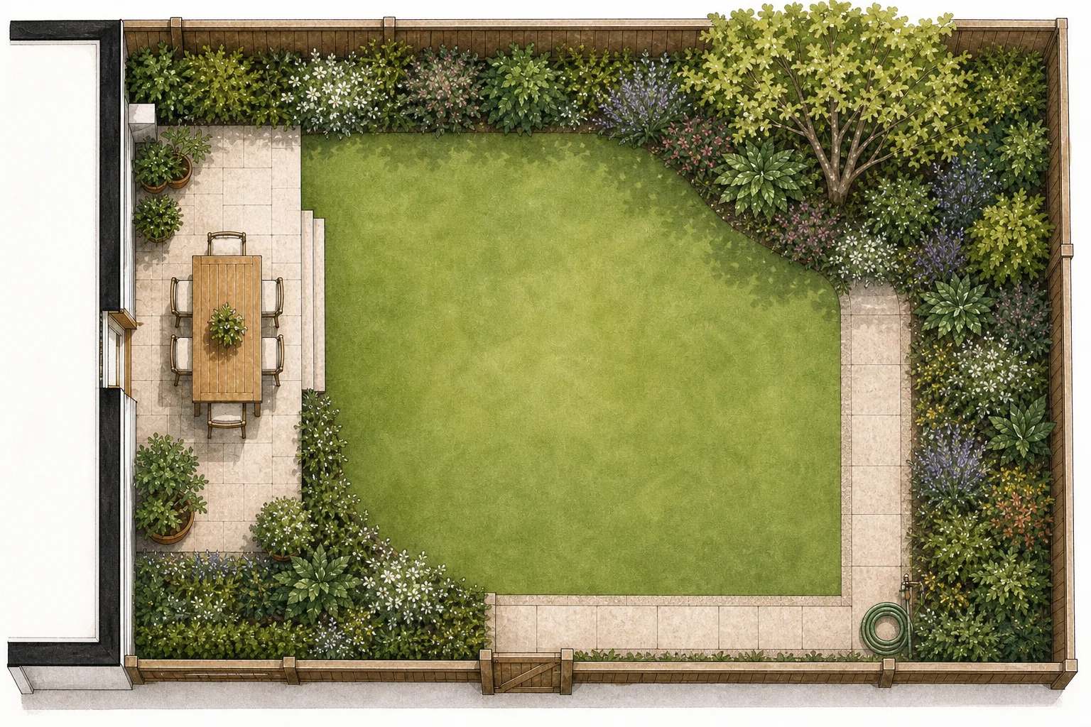 Overhead backyard plan with patio dining, an open middle, a planted corner, and a firm route from the gate to the hose