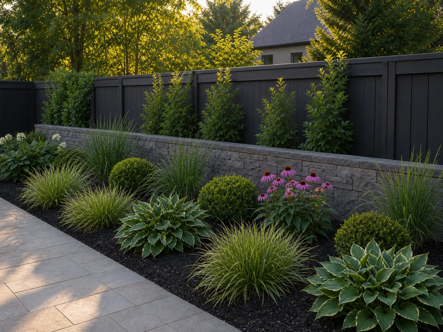 Restrained flower bed with repeated shrubs, grasses, broad foliage, open mulch, and one small flower group
