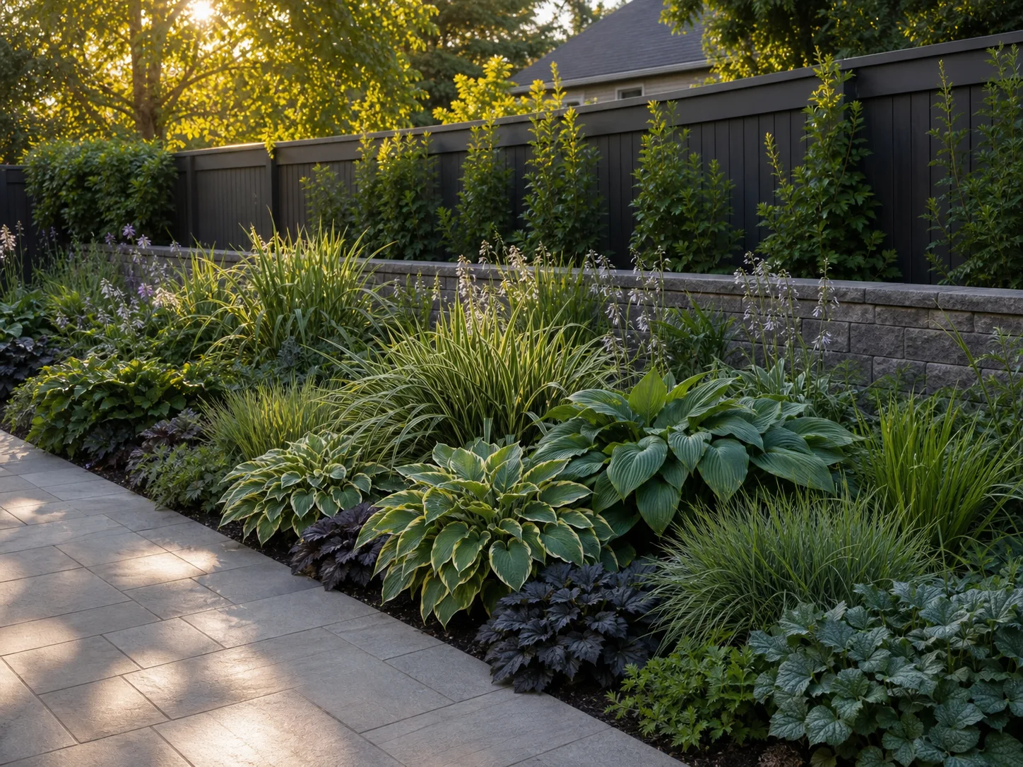 Flower bed led by repeated broad leaves, fine grasses, and contrasting foliage with few flowers