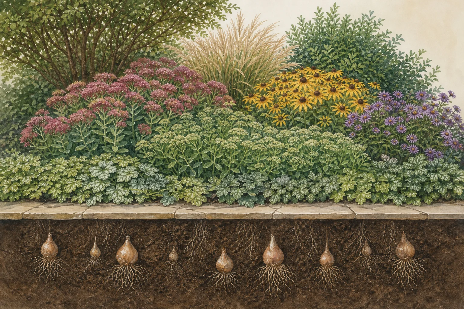 Simplified late-summer flower-bed section showing background structure, repeated middle groups, a low foreground, and dormant bulbs below the soil