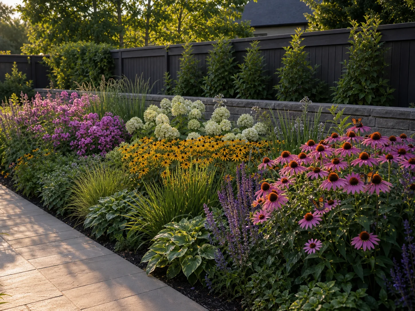 Flower bed with broad repeated flowering groups and butterflies among varied bloom shapes