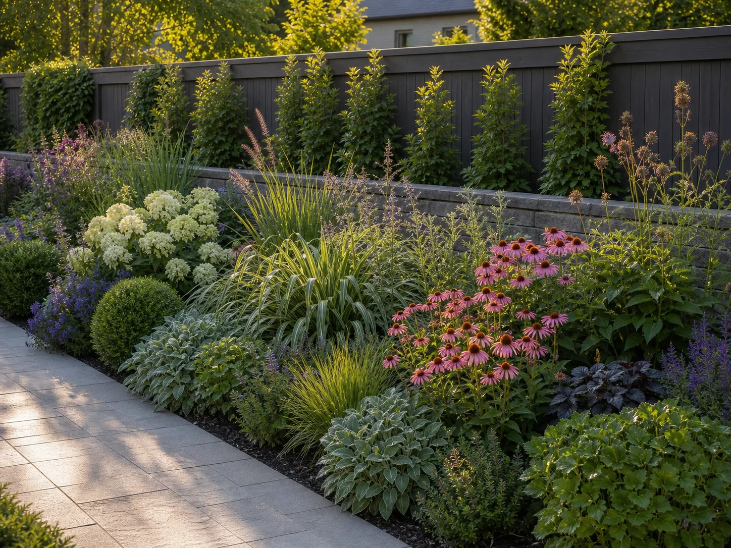 Flower bed with shrubs, current flowers, fresh foliage, grasses, and seed heads at different stages