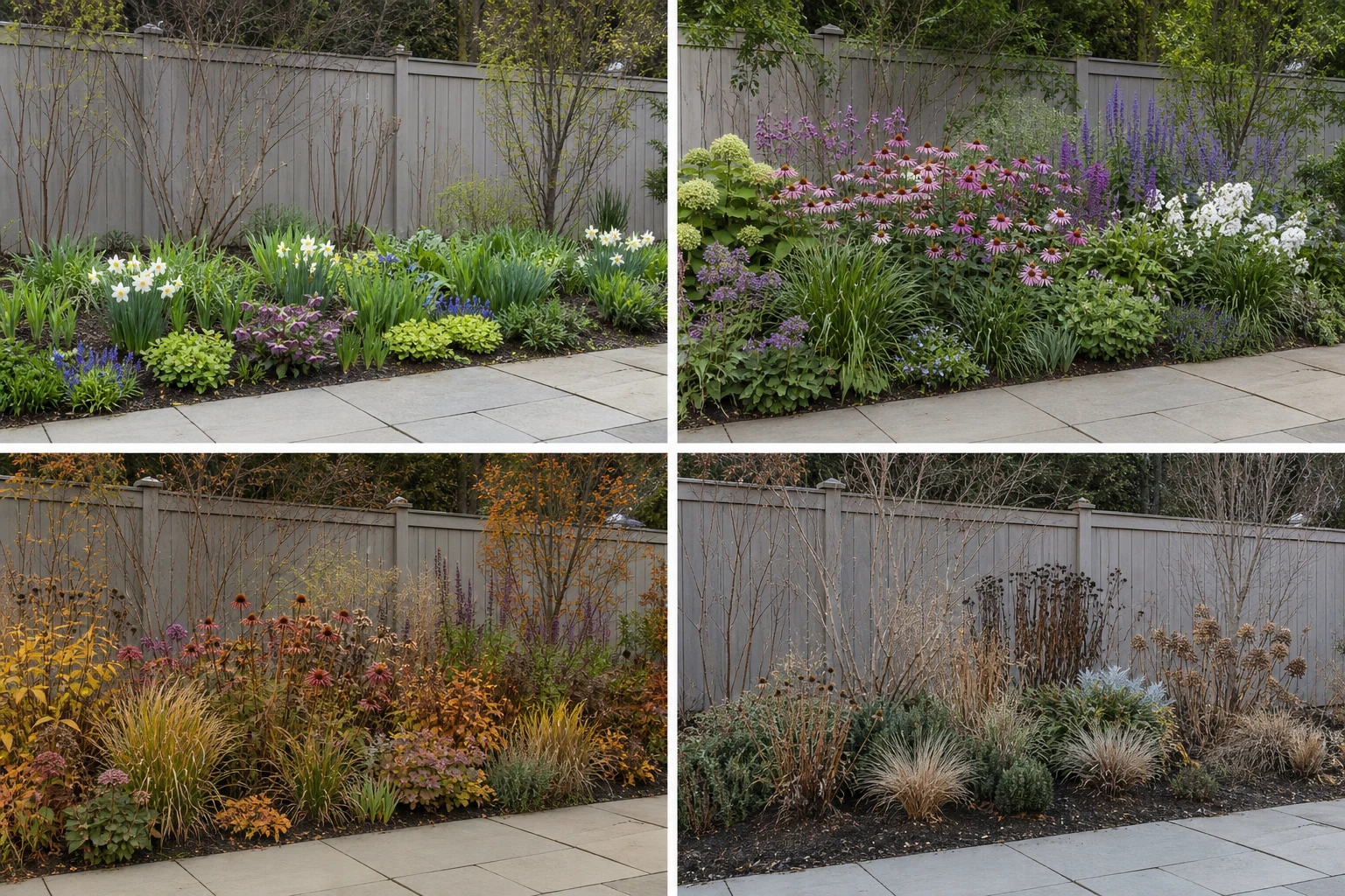 The same flower bed in a four-panel grid with spring bulbs, summer flowers, fall seed heads, and winter structure