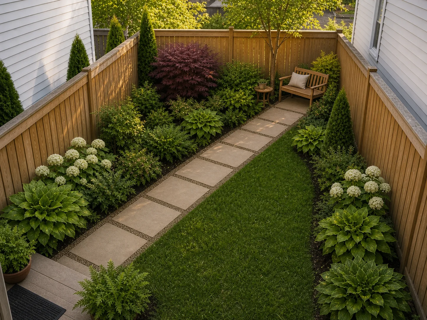 Narrow backyard with a diagonal path leading to a small seat in the far corner