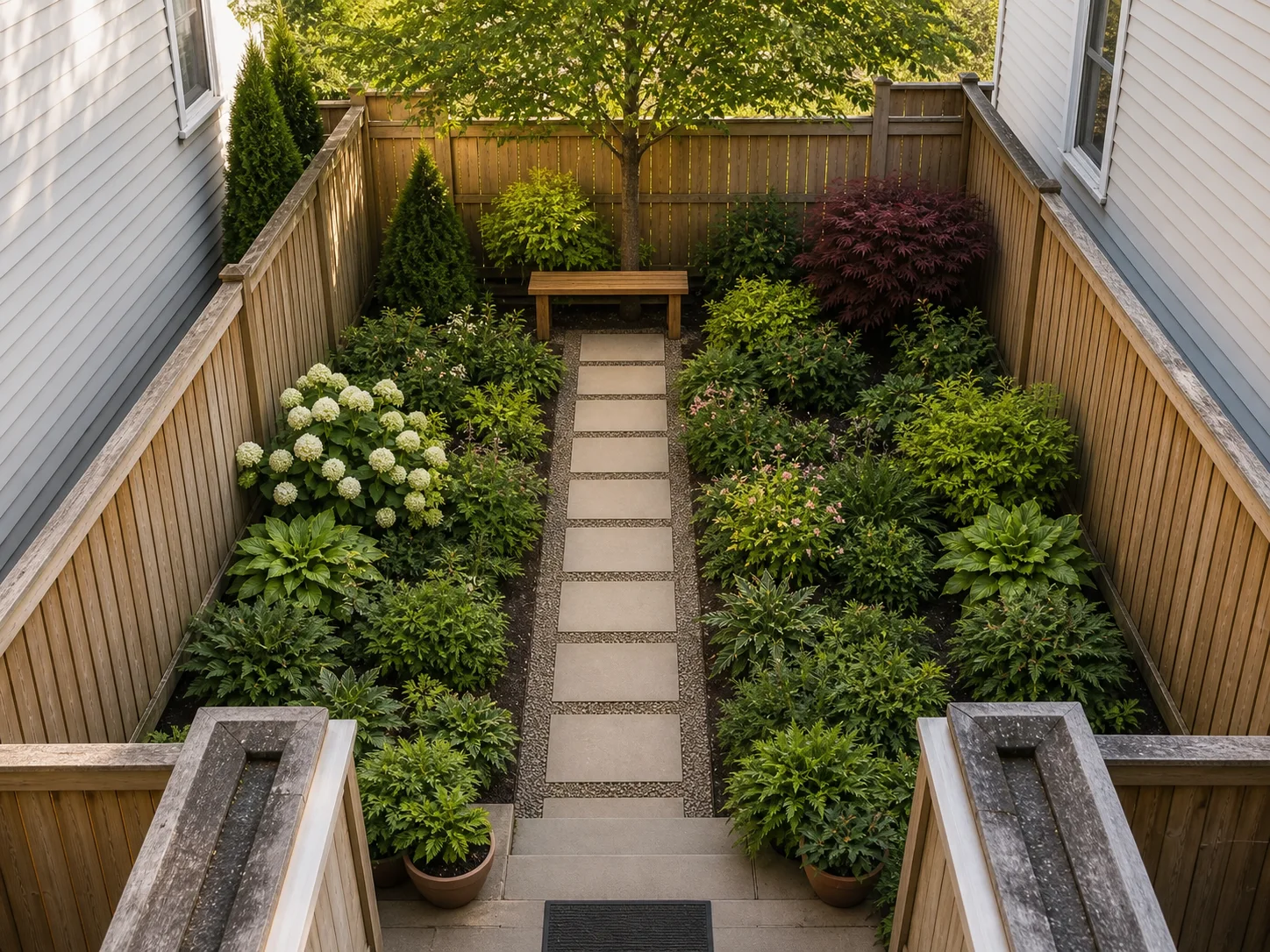 Narrow backyard with a straight stepping-stone path leading to a bench beneath a tree
