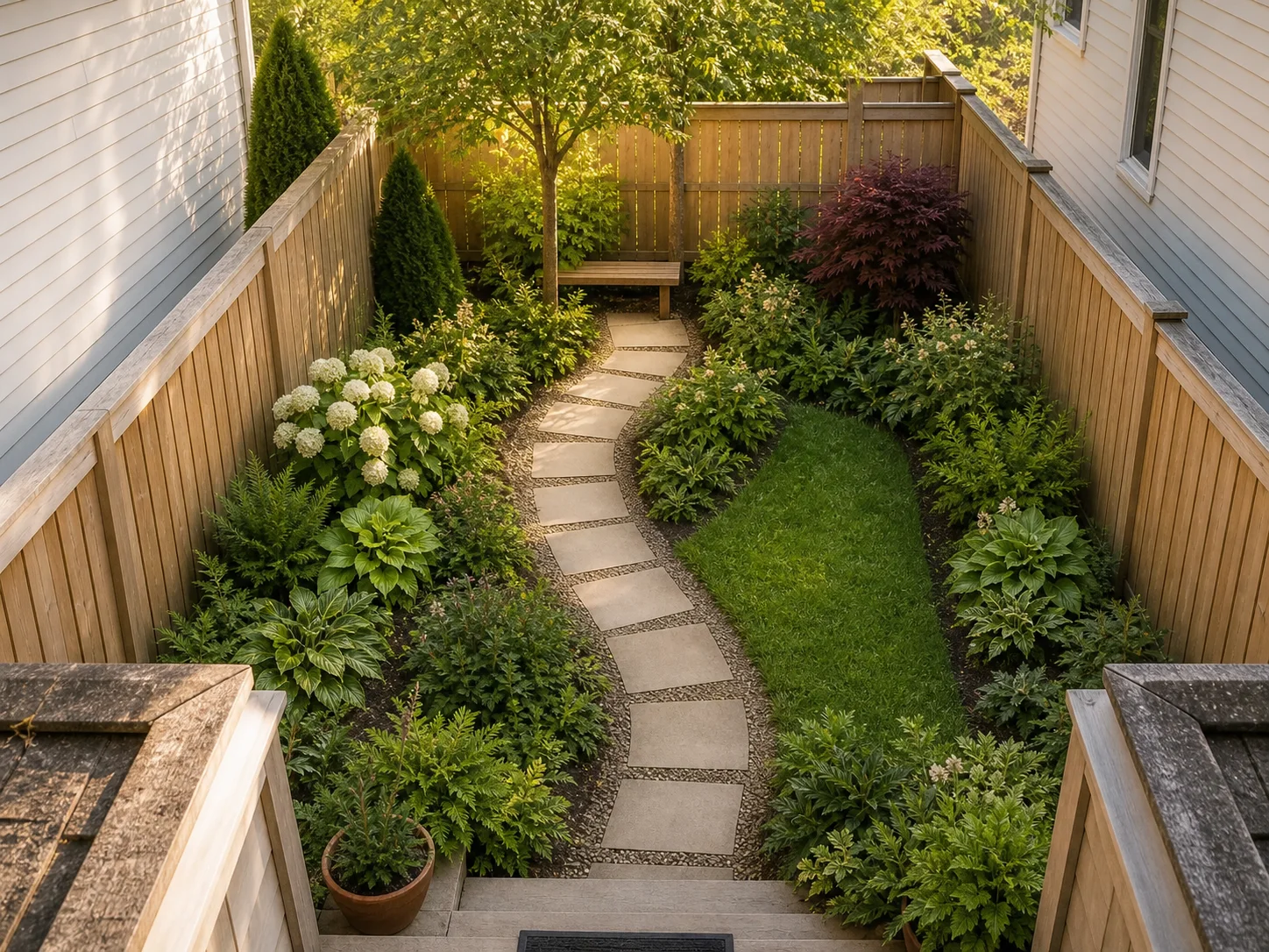 Narrow backyard with a gently curving path through planting toward a partly hidden bench