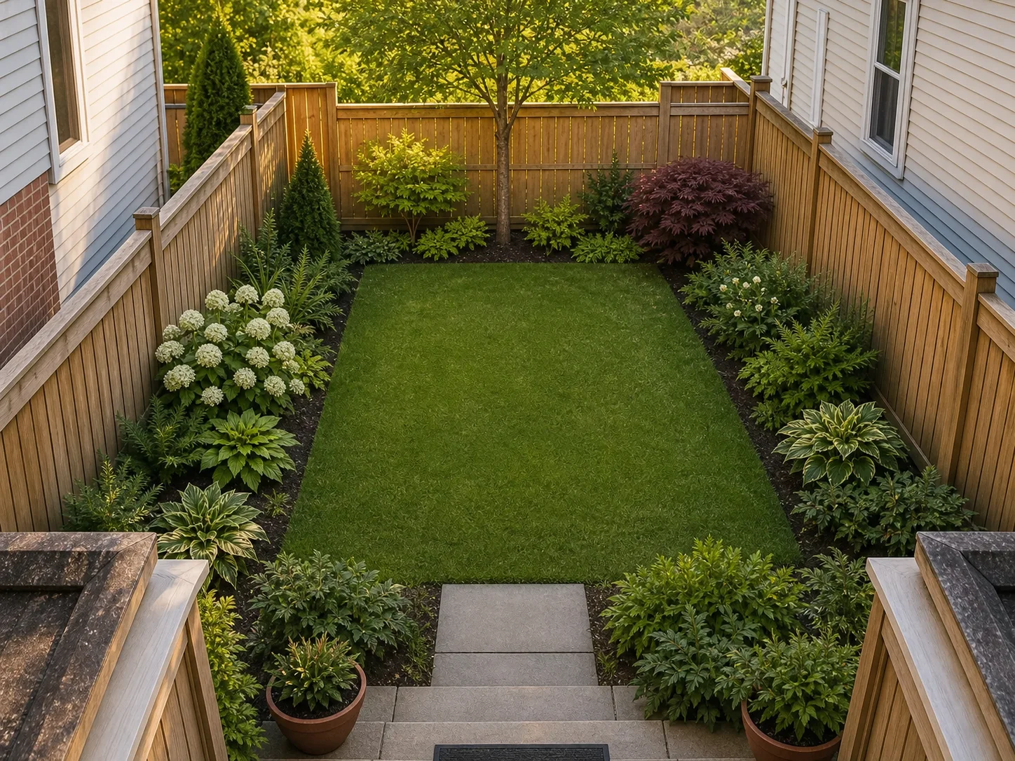 Narrow backyard with one broad rectangular lawn and repeated planting along the boundaries