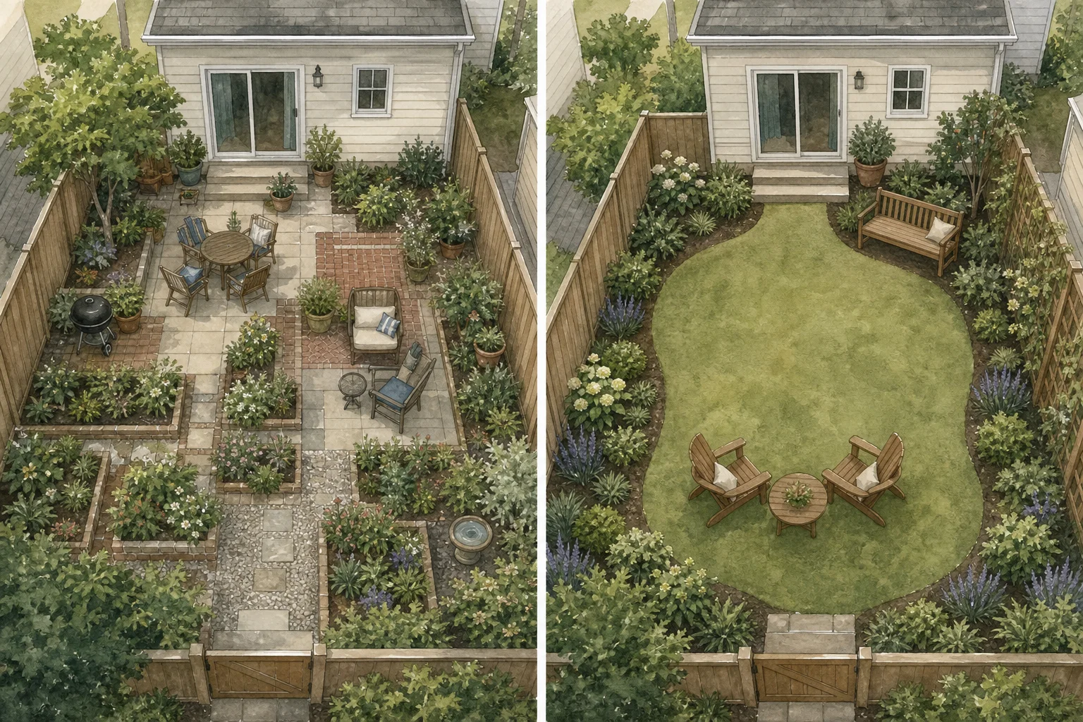 Two overhead small-backyard plans comparing scattered features with one open shape, repeated planting, and a vertical boundary layer