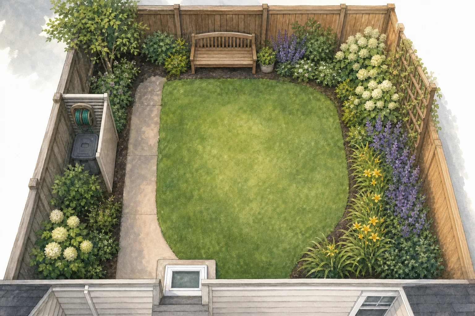 Overhead plan showing a far bench, one open center, a direct route from the house, layered fence planting, and a reachable utility corner
