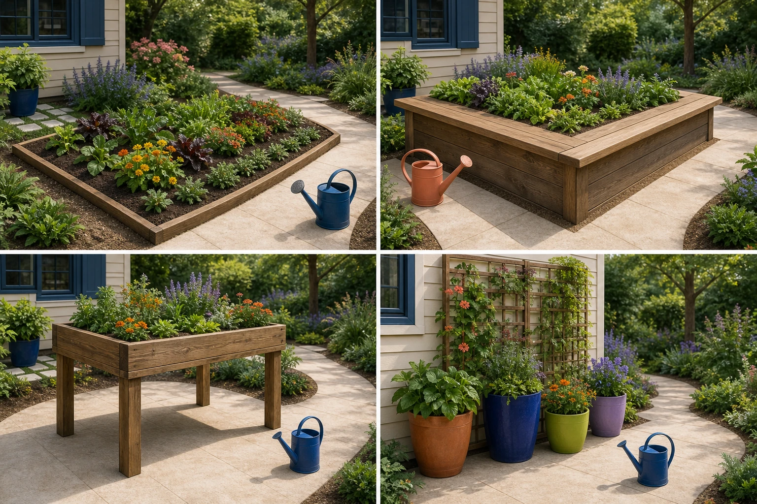 Four garden work formats showing a ground-level bed, raised-edge bed with sitting ledge, elevated tabletop planter with open space beneath, and containers with a vertical trellis