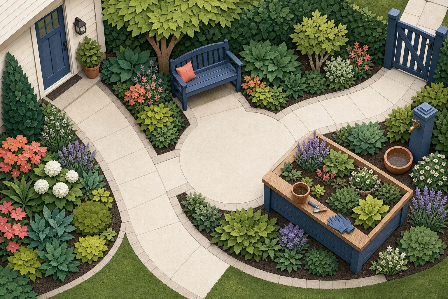 Top-down garden plan with house threshold, continuous firm route, generous turning area, shaded bench, raised work bed, water point, and gate
