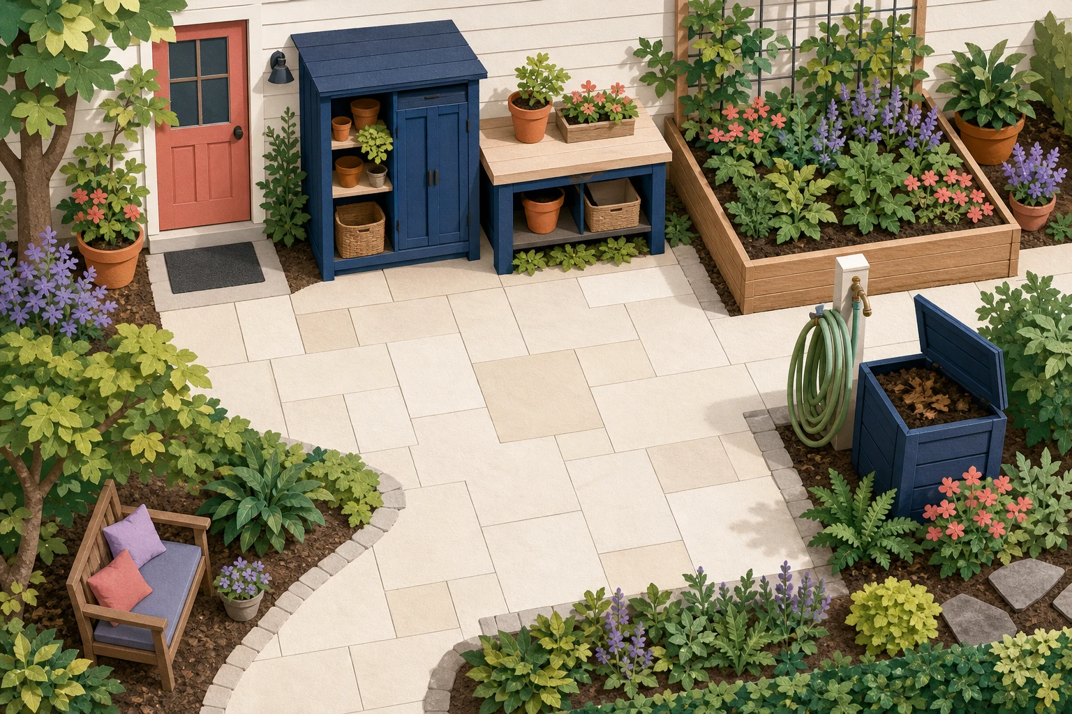 Top-down garden work zone with back door, tool cabinet, potting bench, raised bed, water point, compost bin, shaded seat, and clear central route