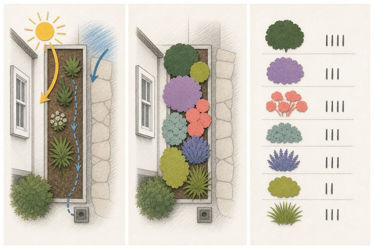 Three-panel illustration showing site observations, a mature planting layout, and a plant list derived from that layout