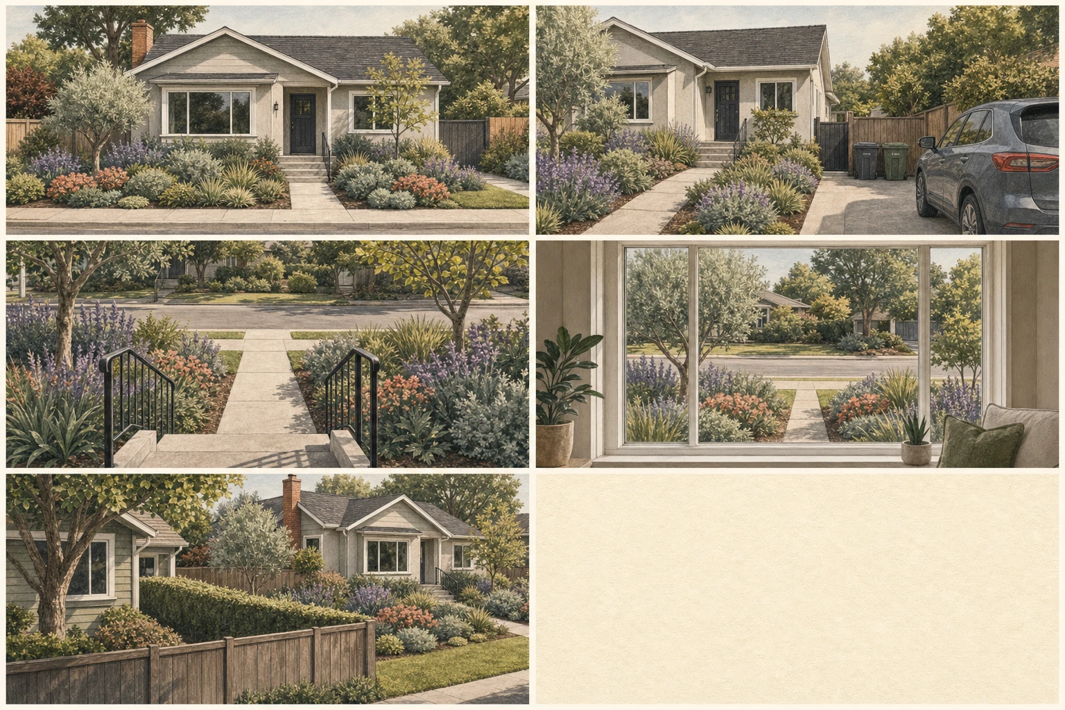 Five views of the same front yard from the curb, driveway, front step, inside a window, and neighboring property edge
