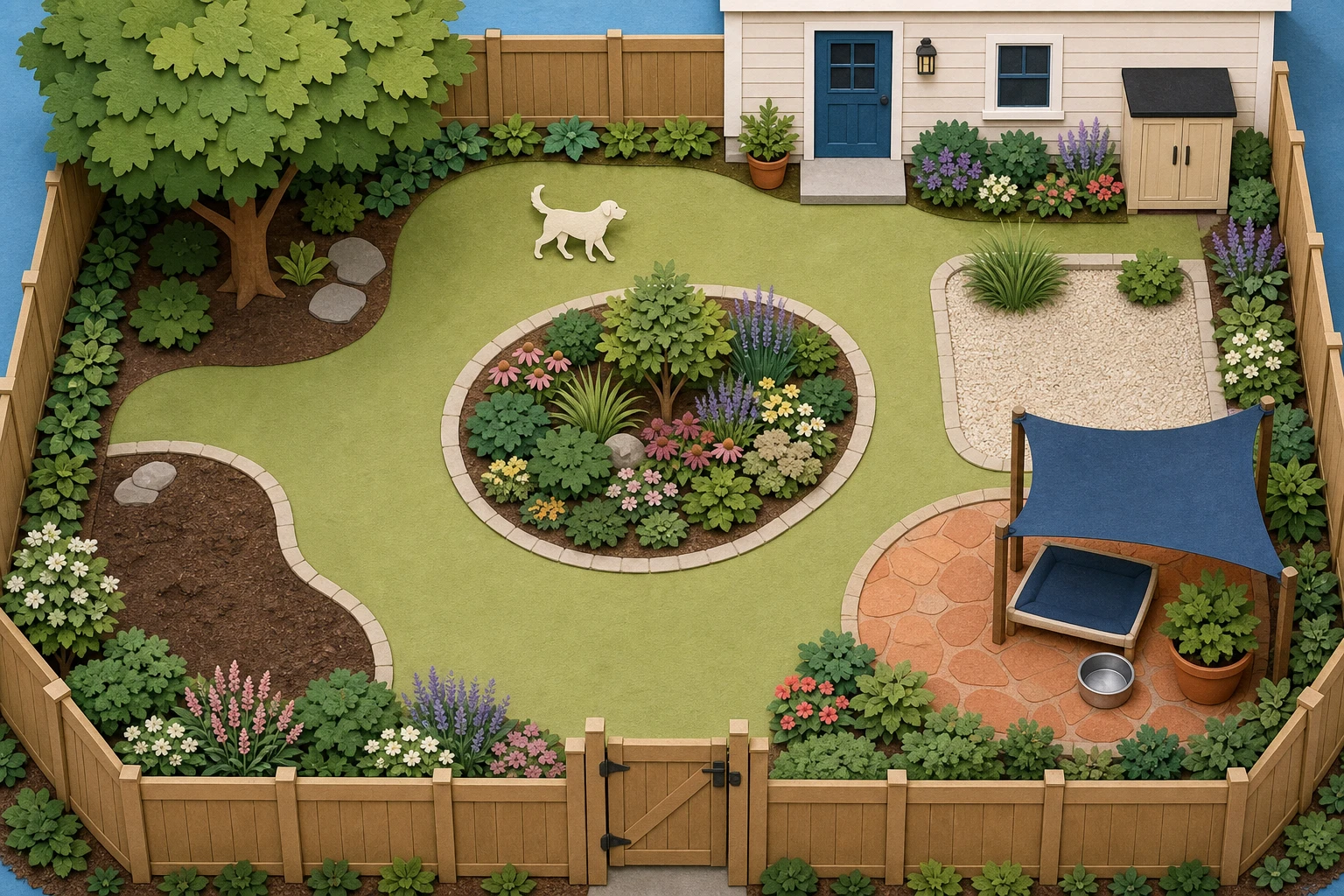Top-down dog-friendly yard with a fence-line patrol route, loose digging pocket, durable toileting area, shaded bed and water, protected central planting, secure gate, and storage