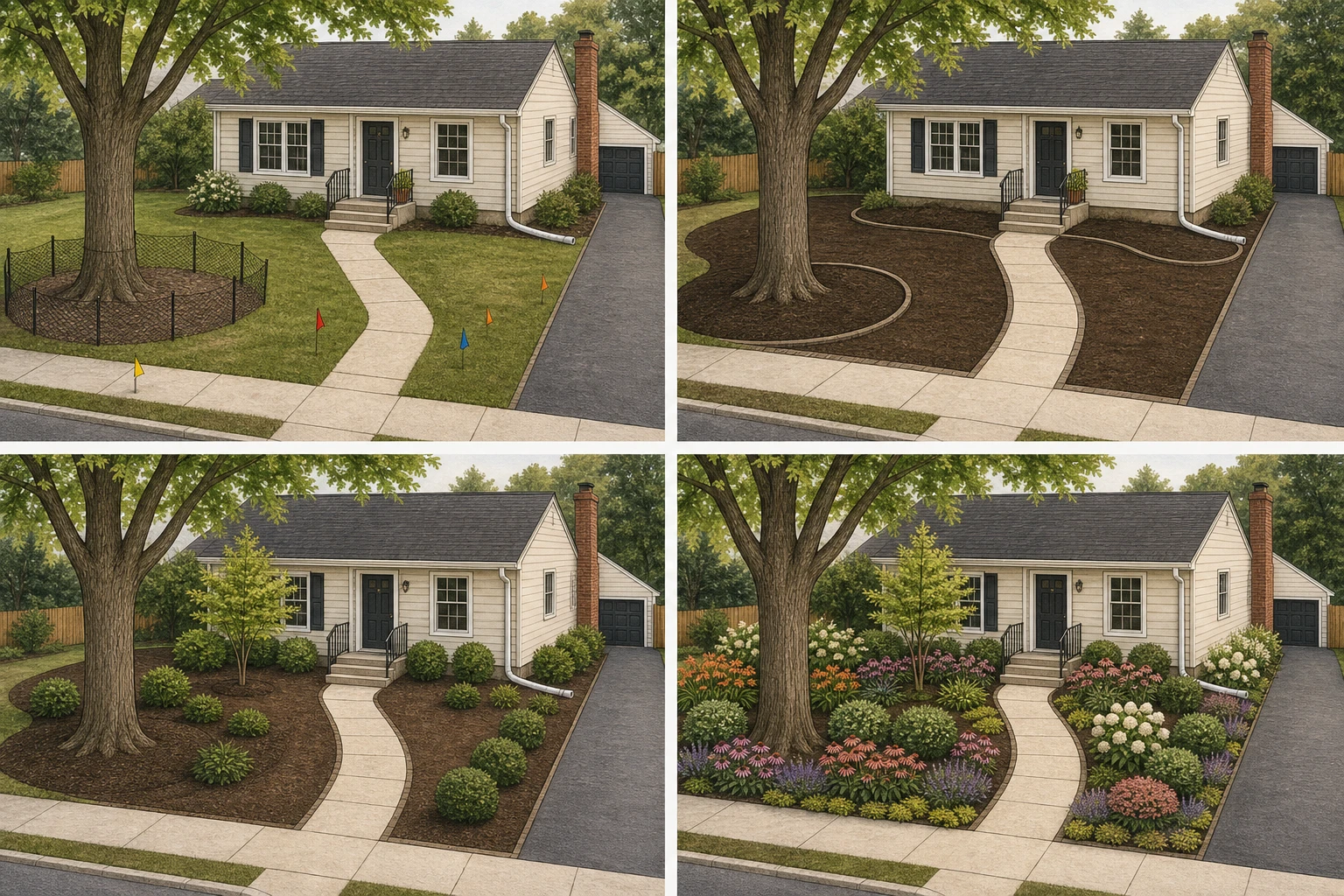 Four stages of the same front yard moving from protected existing features to resolved routes, structural planting, and finished plant layers