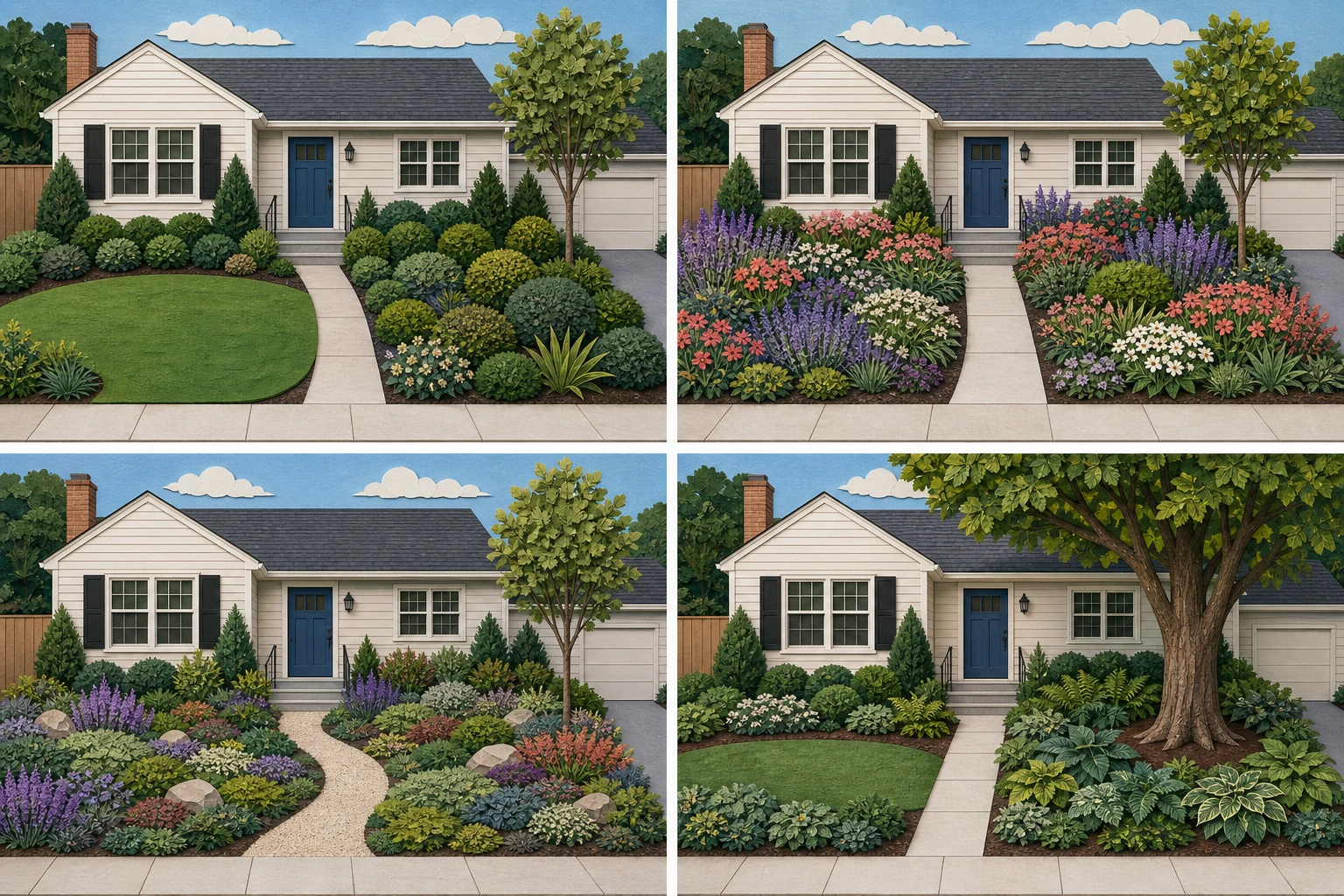 Four versions of the same front yard showing a structured lower-care layout, flower-forward beds, a no-lawn path garden, and shade planting beneath an existing tree