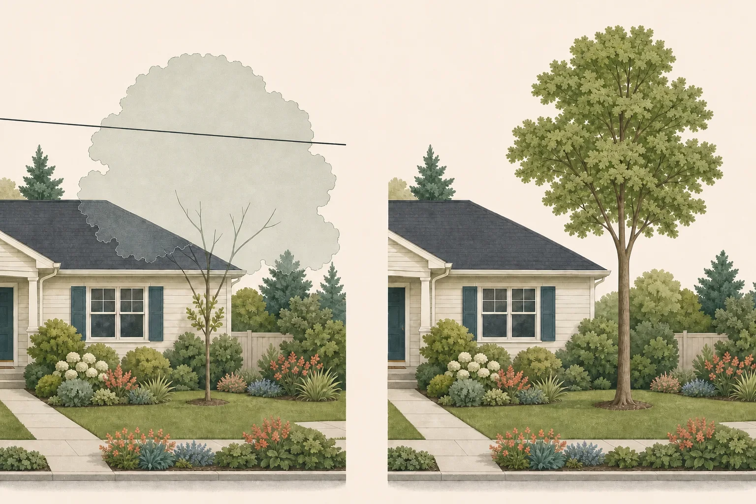 Side-by-side front yards comparing a nursery tree too close to the house and overhead line with a mature tree placed in open space