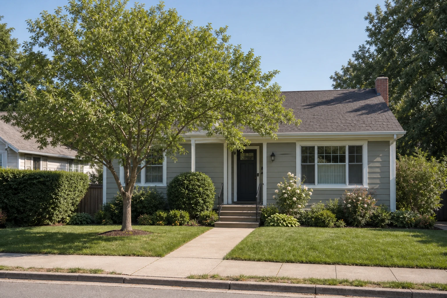 An airy front-yard tree framing one side of a house while leaving the entry visible