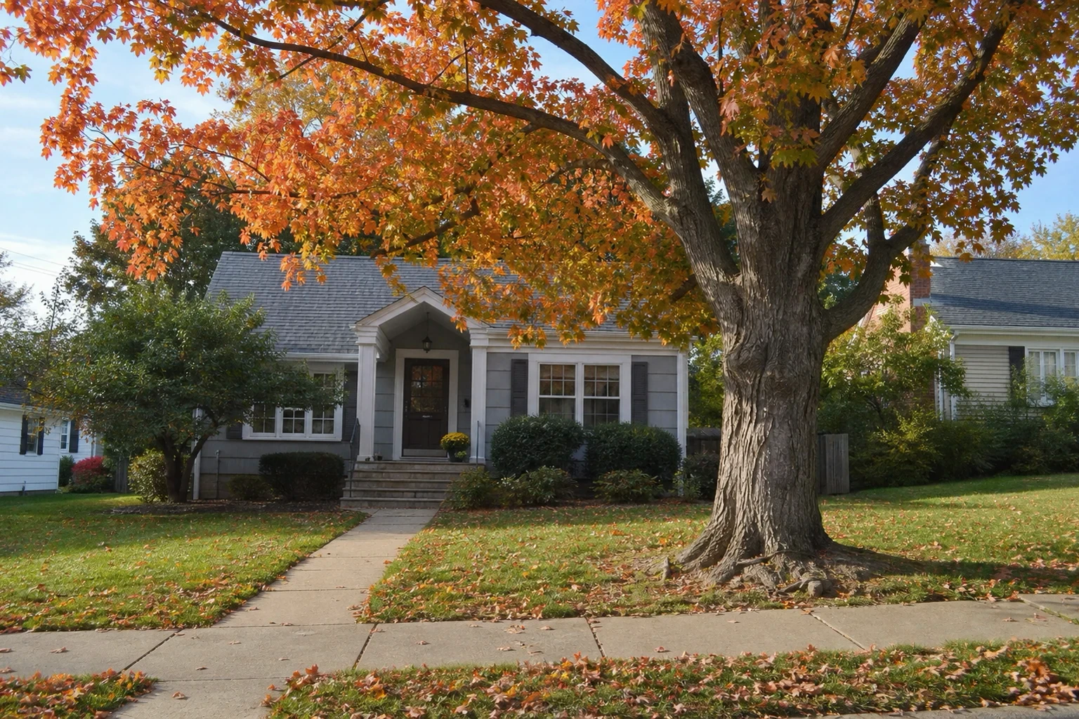 A mature front-yard tree with warm autumn foliage and a clear house entry