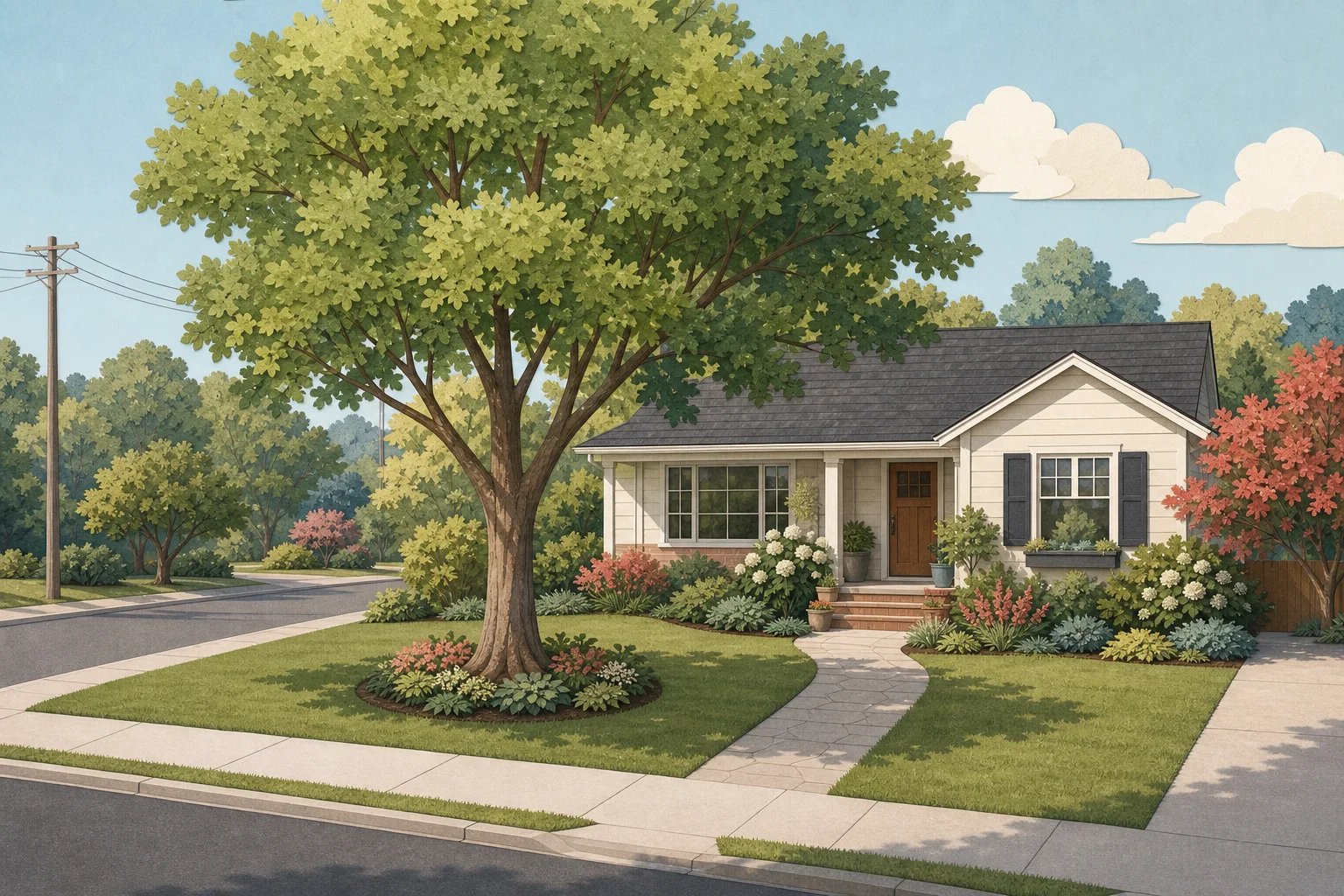 Front yard tree placement showing a mature canopy framing the house with open entrance, clear sidewalk and drive, and distant overhead line
